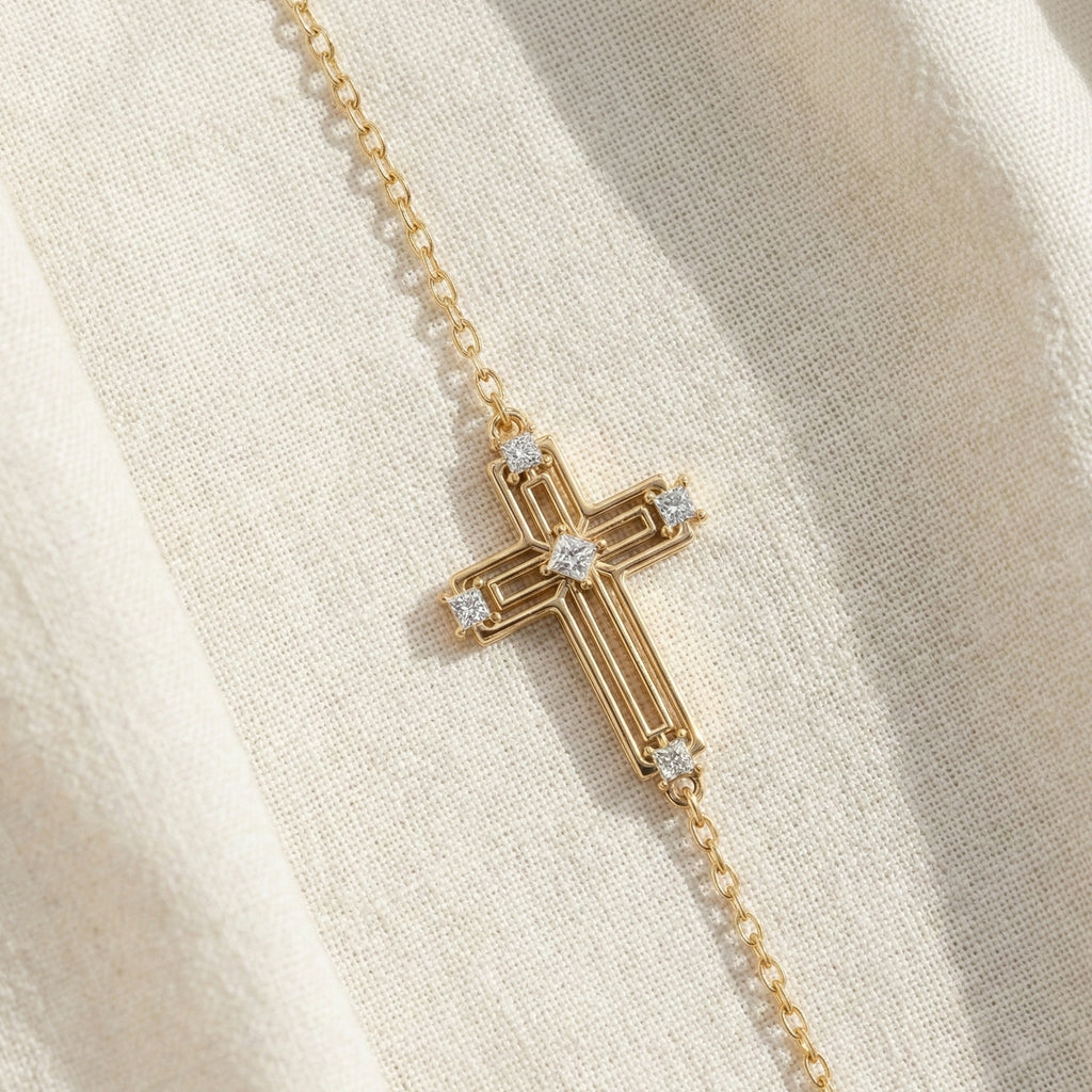 Open Work Cross Chain Bracelet in 14K Solid Gold, 0.32 TCW Princess Cut Lab Created Diamonds, Faith Jewelry, Anniversary Gift for Her, Everyday Bracelet