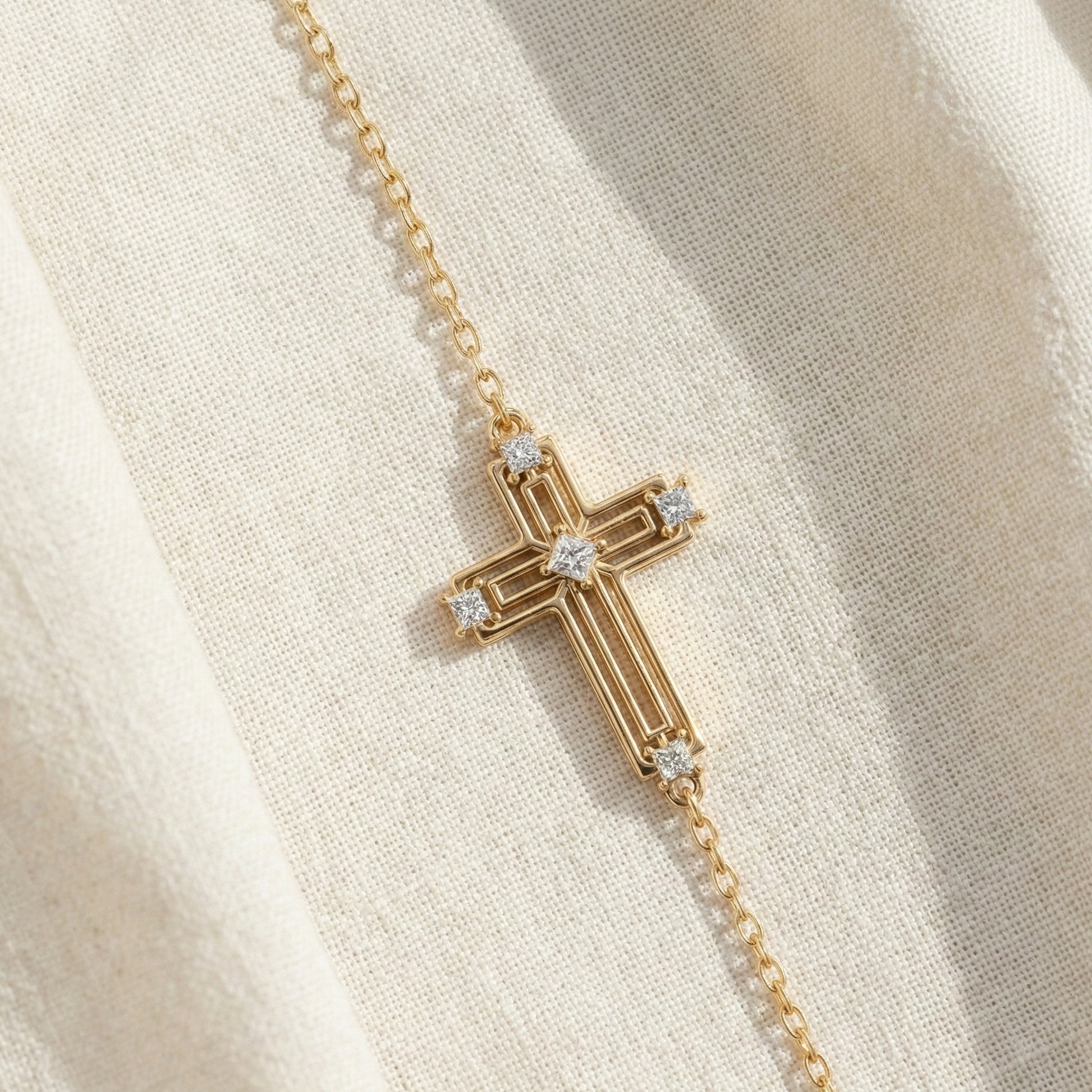 Open Work Cross Chain Bracelet in 14K Solid Gold, 0.32 TCW Princess Cut Lab Created Diamonds, Faith Jewelry, Anniversary Gift for Her, Everyday Bracelet
