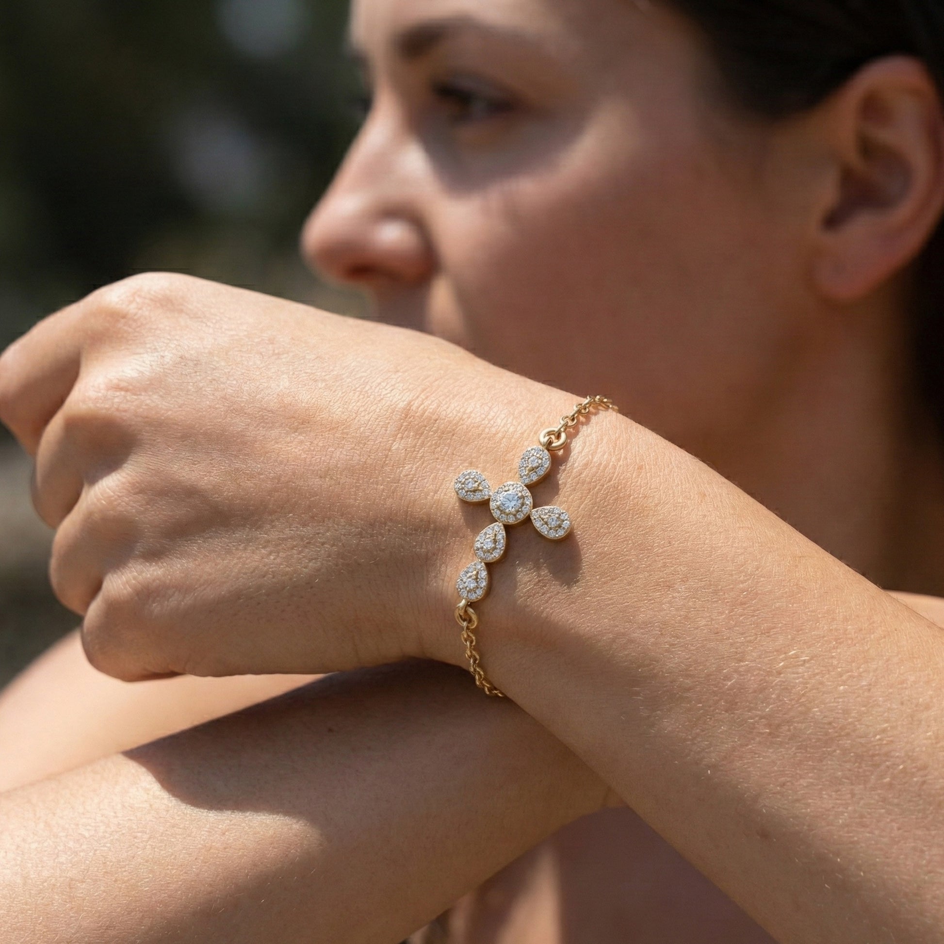 Dainty Cluster pear Halo cross Chain bracelet in 14K Solid Gold, 0.40 Round Cut Lab Created Diamonds, Vintage Gift for Her, Bridal Jewelry