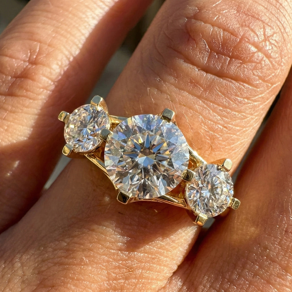 Classic Three Stone Ring with Round Cut Trio in Moissanite or Lab Grown Diamond – 9k/14k Solid Gold or Sterling Silver Engagement Ring Gift