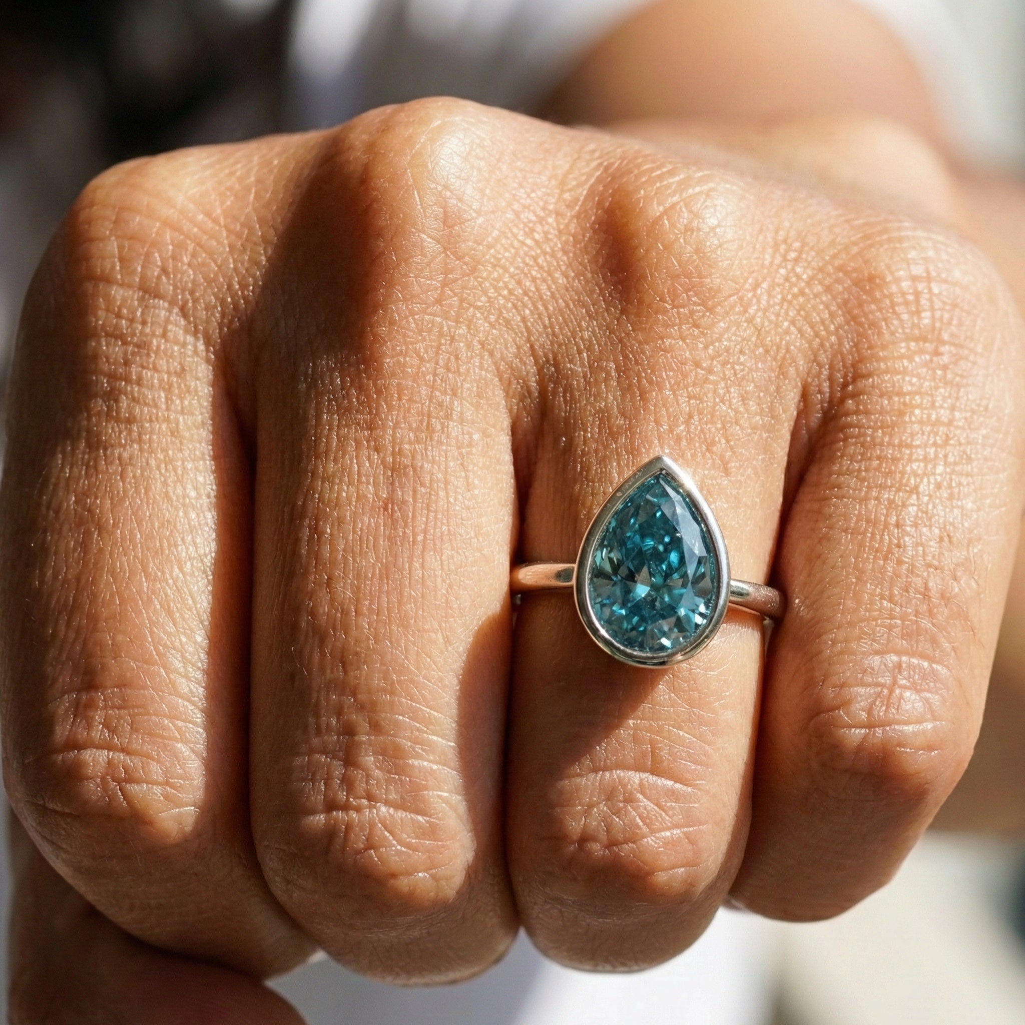 Cyan Blue Teardrop Bezel Set Solitaire Engagement Ring in 14K Solid Gold, 5.00 CT Pear Cut Moissanite, Birthday Gift For Wife,  Daily Wear Jewelry