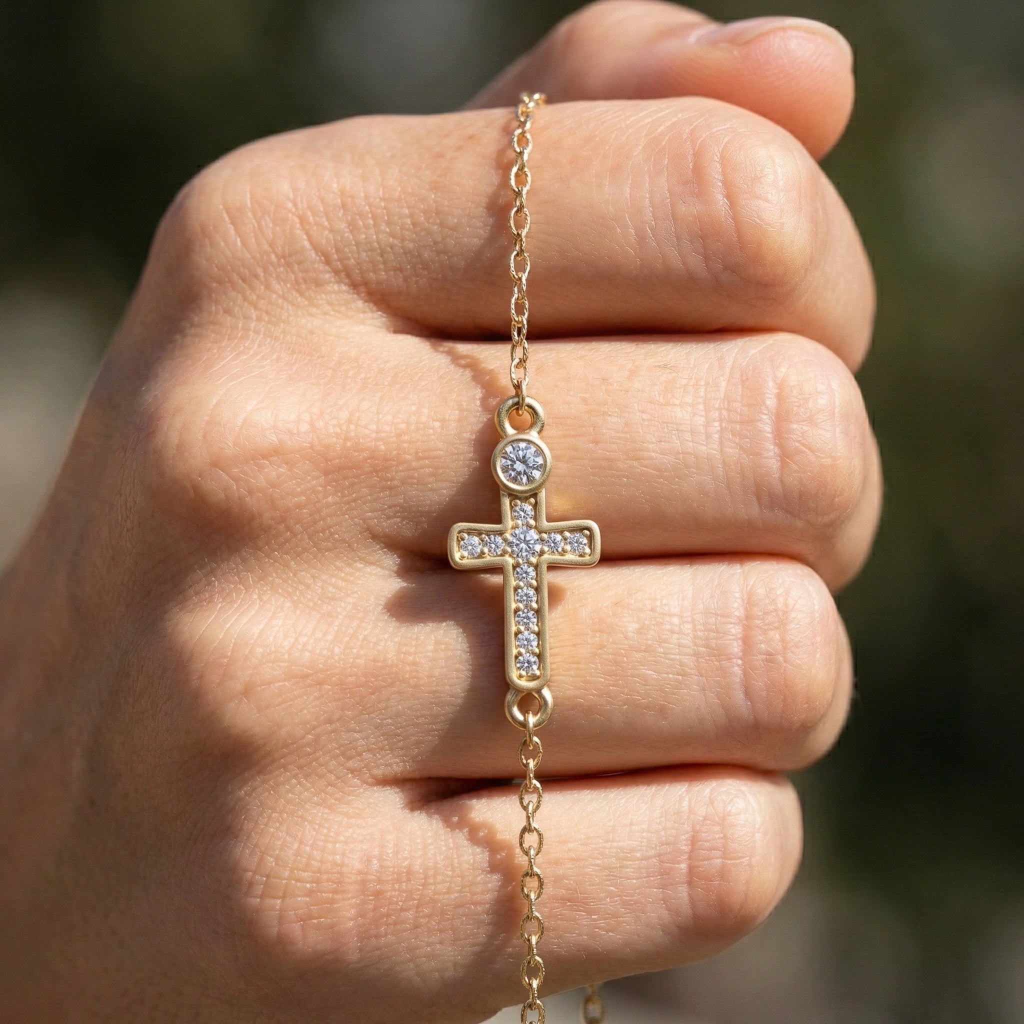 Sparkling Bezel and Cross Chain Bracelet in 14K Solid Gold, 0.13 TCW Round Cut Lab Created Diamonds, Birthday Gift For Her, Faith Jewelry