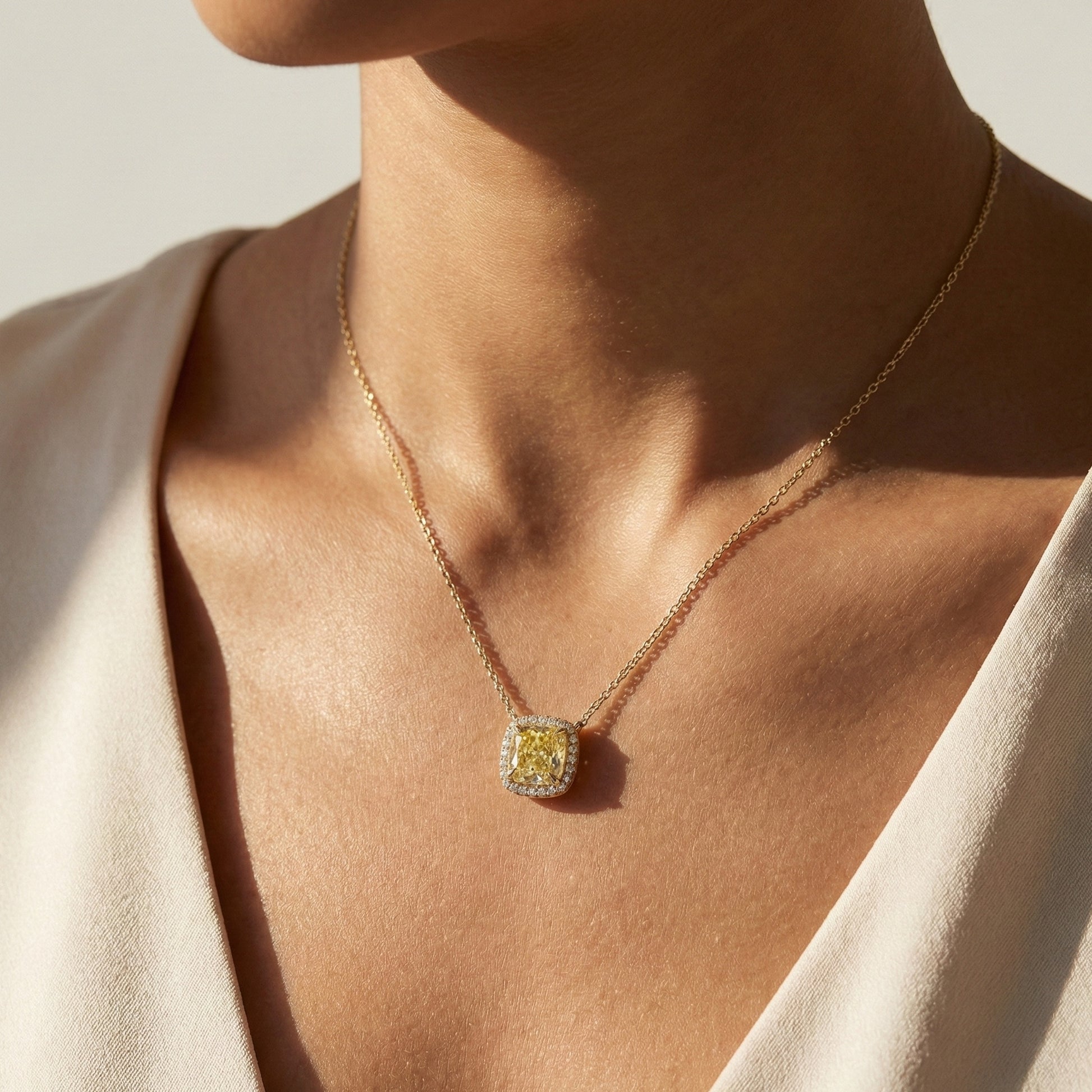 3.00 CT Canary Yellow Cushion Halo Wedding Pendant in Lab Diamond or Moissanite – 14k Solid Gold,  Wedding Jewelry, Anniversary Gift for Her