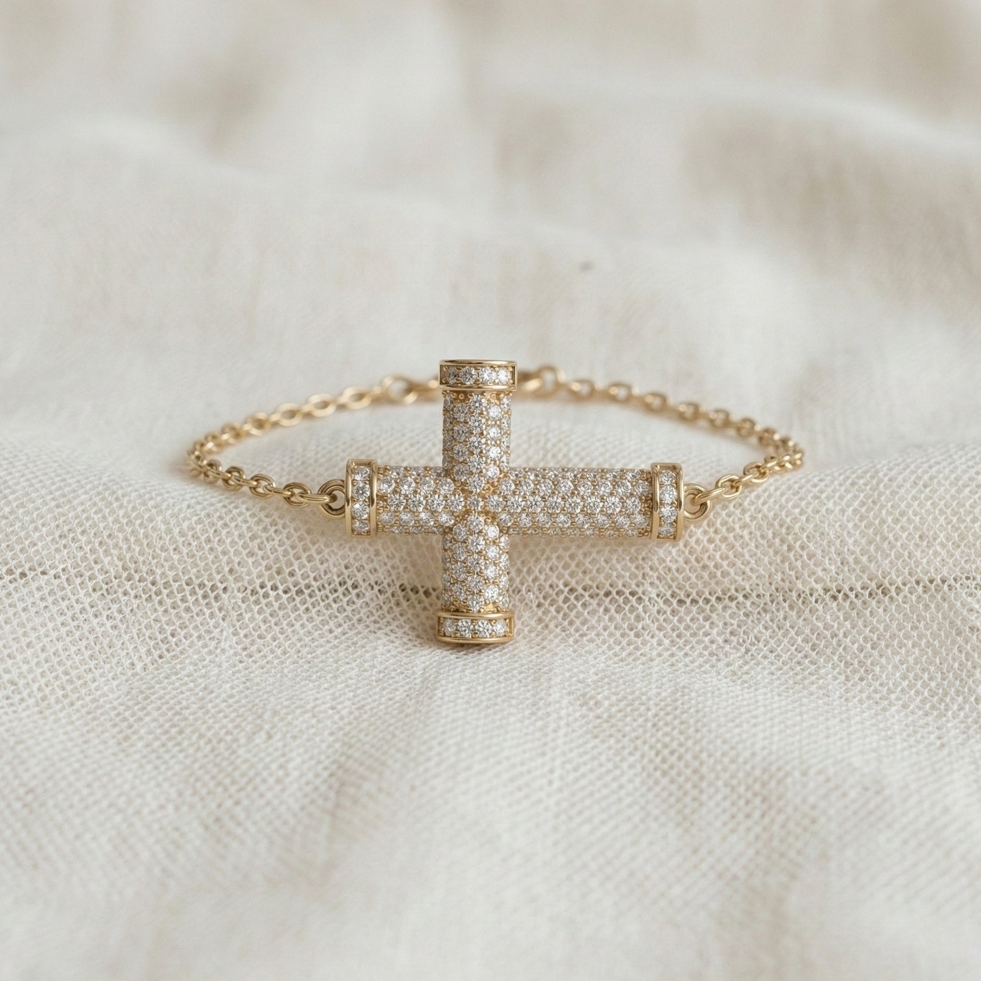 Statement Pavé Cross Design Bracelet in 14K Solid Gold, 0.58 TCW Round Cut Lab Grown Diamonds, Handmade Chain Bracelet, Anniversary Gift for Her