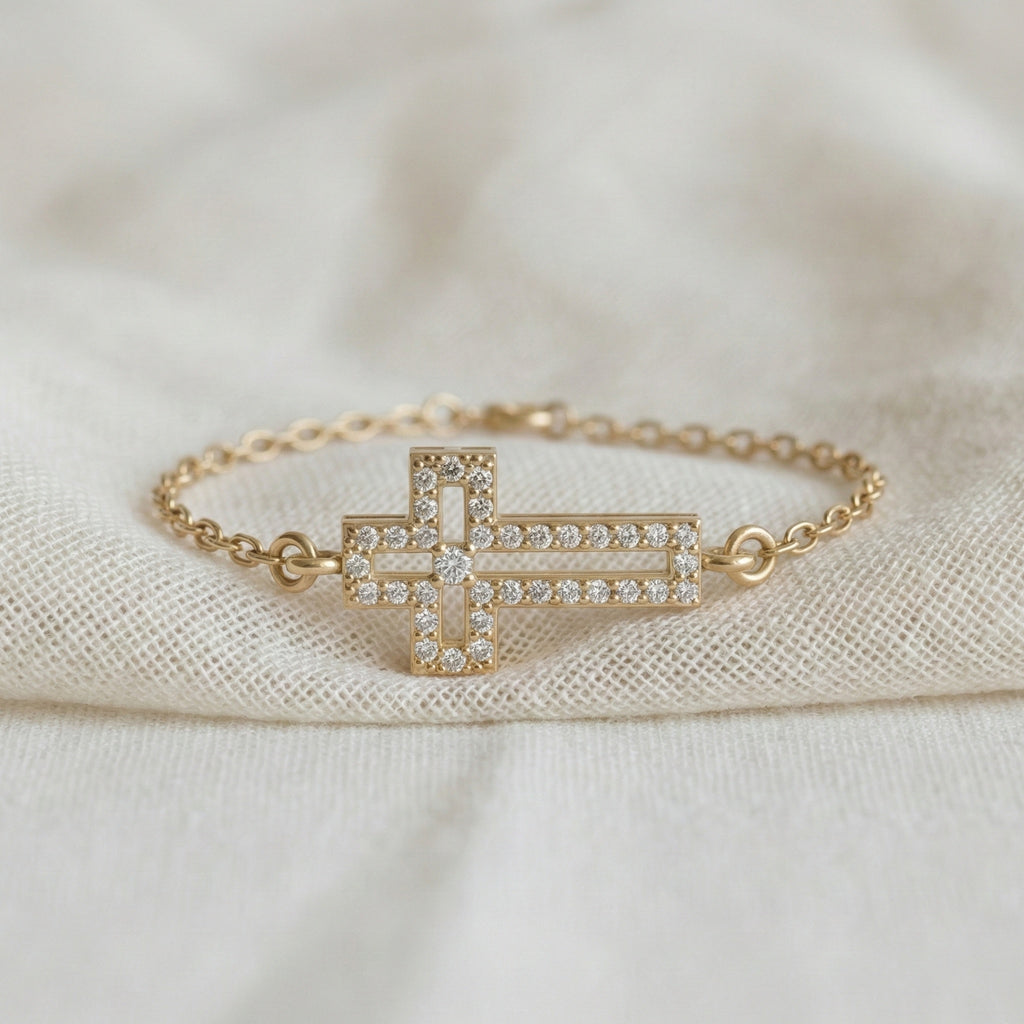 Dainty open cross bar Chain bracelet in 14K Solid Gold, 0.15 TCW Round Cut Lab Created Diamonds, Minimalist Bracelet, Wedding Gift for Her