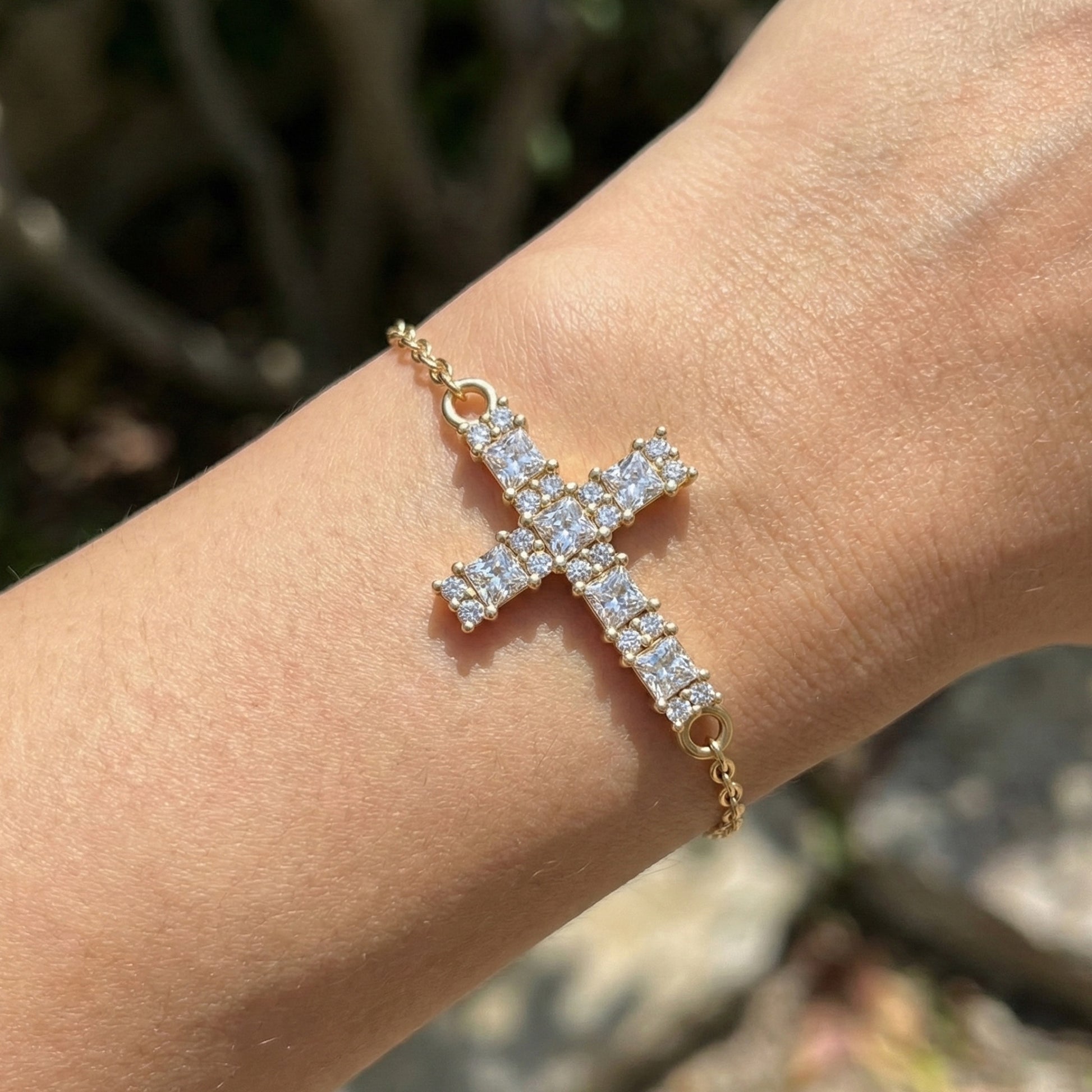 Modern princess cut cross Chain bracelet in 14K Solid Gold, 0.42 TCW Princess Cut Lab Created Diamonds, Baptism Bracelet, Gift for Her, Daily Wear Jewelry