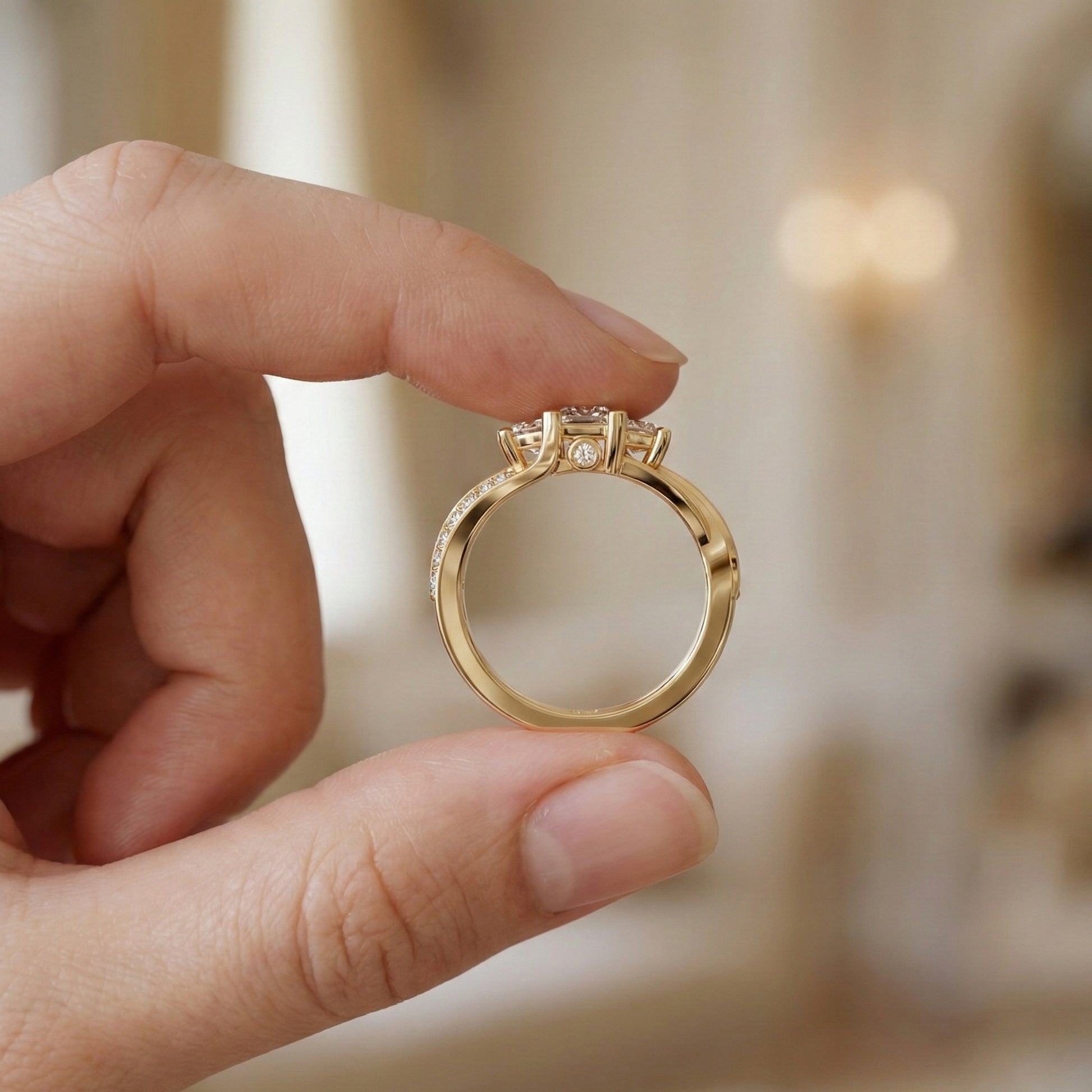 Three-Stone Princess Cut Bypass Pave Engagement Ring in 14K Solid Gold, 0.75 TCW Princess Cut Lab Grown Diamonds, Birthday Gift for Wife