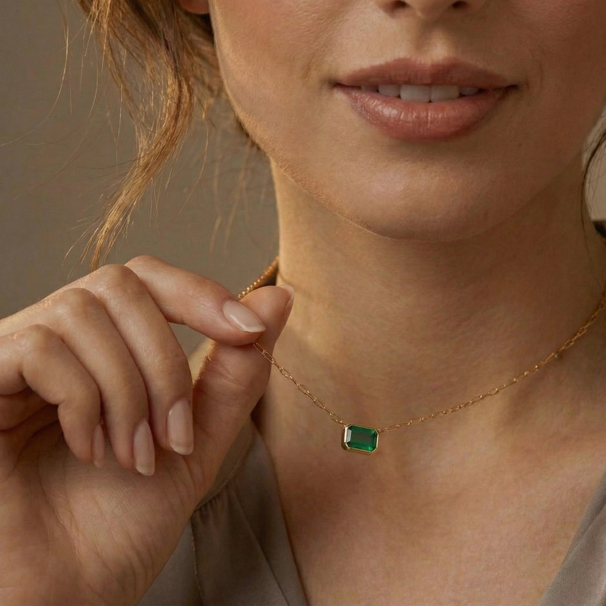 0.50 CT East-West Modern Bezel Set Colombian Green Emerald Cut Solitaire Pendant in Lab Diamond or Moissanite – 14K Solid Gold, Wedding Gift for Her, Handmade Jewelry