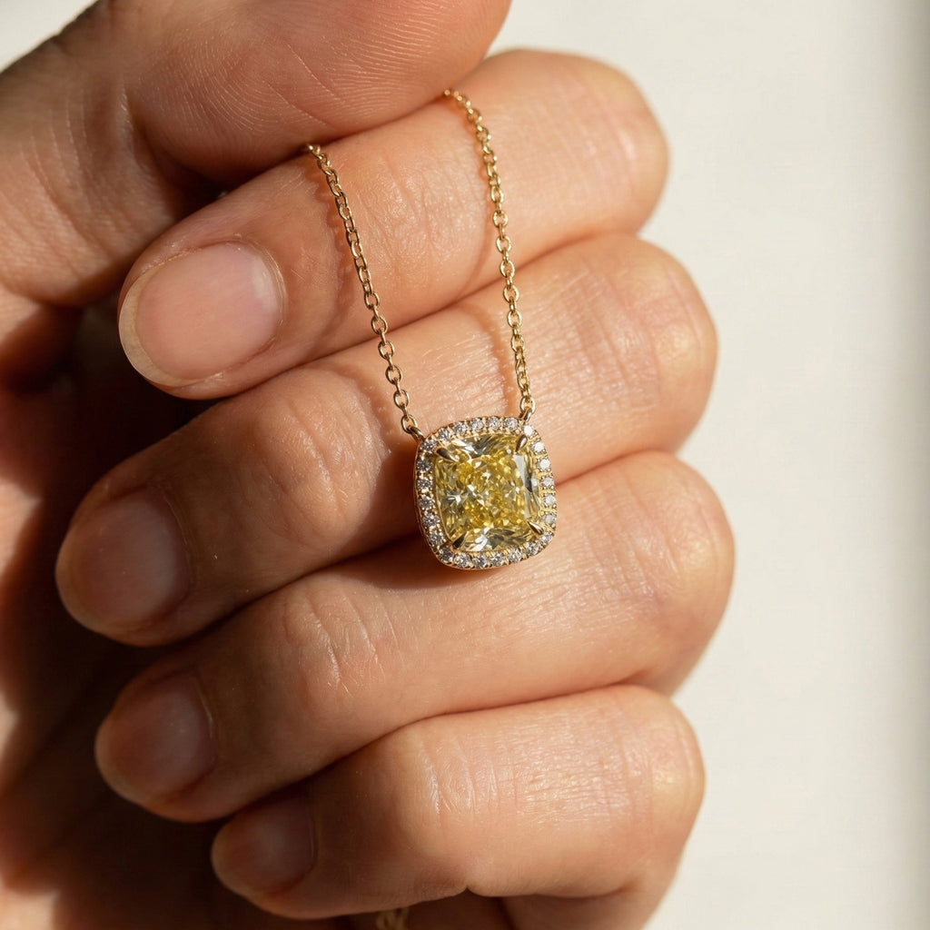 3.00 CT Canary Yellow Cushion Halo Wedding Pendant in Lab Diamond or Moissanite – 14k Solid Gold,  Wedding Jewelry, Anniversary Gift for Her