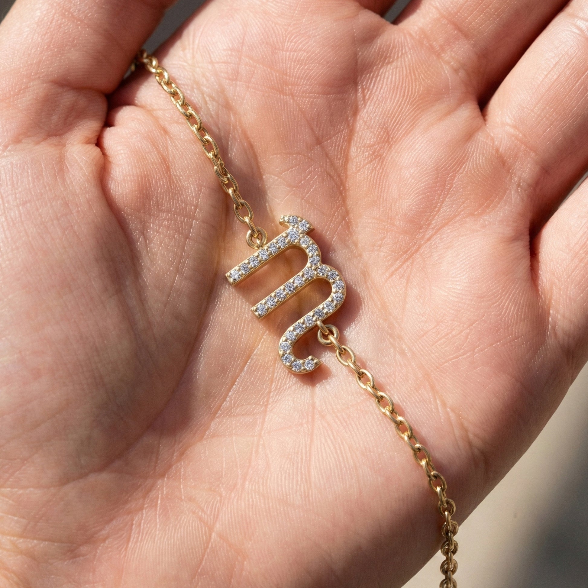 Minimalist Scorpio Symbol Bracelet in 14K Solid Gold, 0.31 TCW Round Cut Lab Created Diamonds, Personalized Astrology Birthday Gift for Her