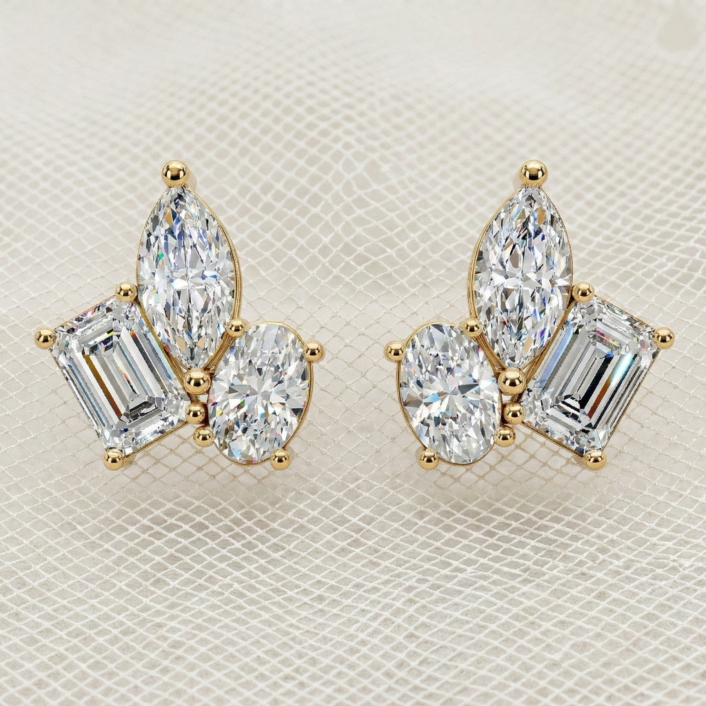 Three Stone Cluster Wedding Earrings in 14k Solid Gold, 3.00 TCW Marquise/Oval/Emerald Cut Lab Grown Diamonds, Trio Stud Earrings For Women, Anniversary Gift