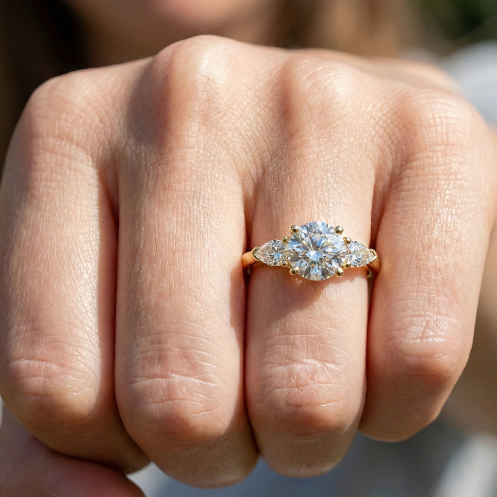 Elegant Three Stone Engagement Ring in 14K Yellow Gold, 1.05 TCW Pear/Round Cut Lab Grown Diamonds, Antique Simple Ring, Anniversary Gift For Her