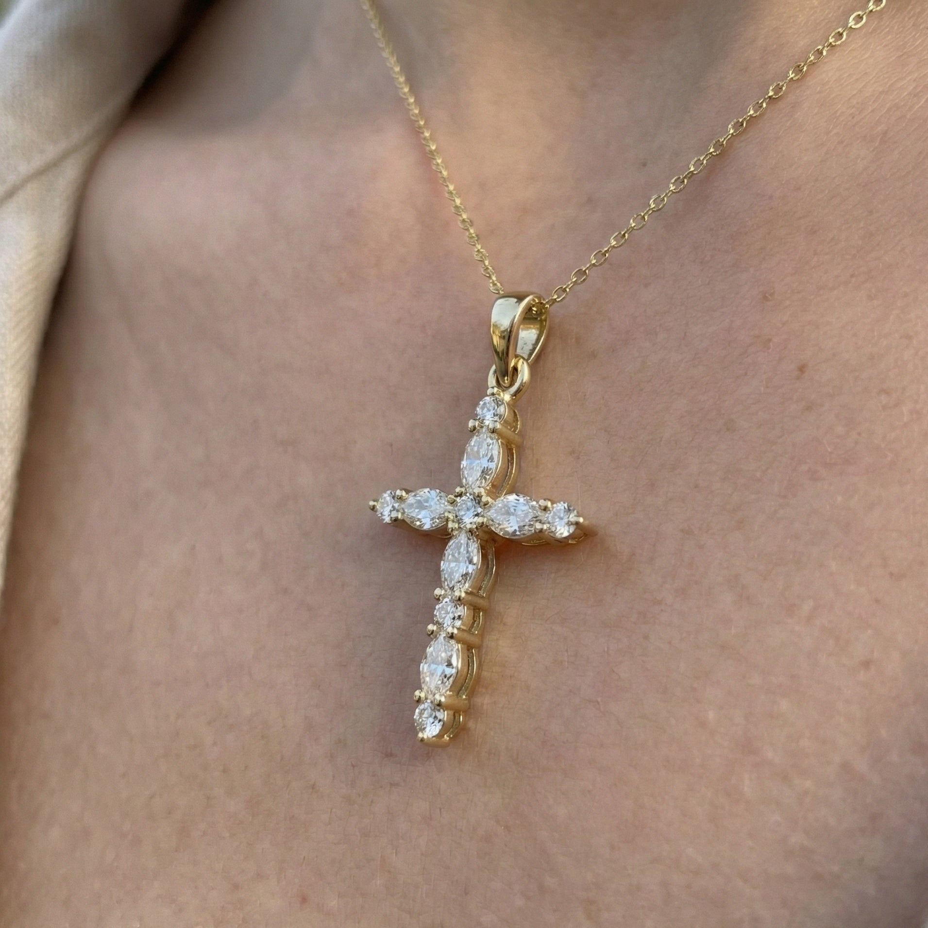 Petite Cluster Cross Pendant in 14k Solid Gold, 1.07 TCW Oval/Round Cut Lab Grown Diamonds, Birthday Jewelry, Gift For Her