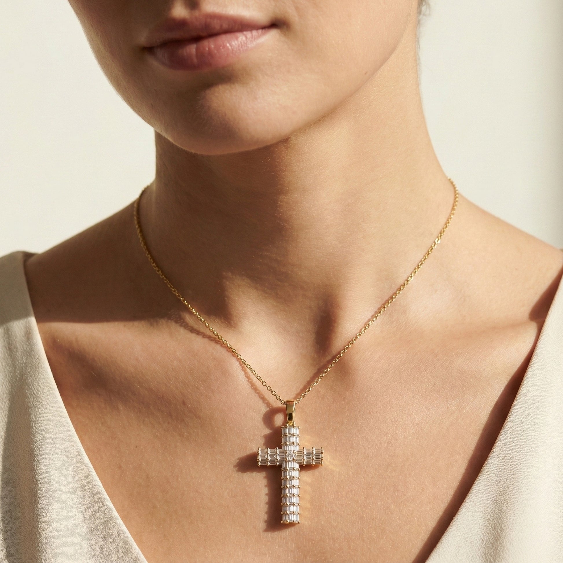 Geometric Baguette Cross Pendant in 14K Solid Gold, 1.98 TCW Baguette/Princess Cut Lab Created Diamonds, Statement Bridal Jewelry, Wedding Gift