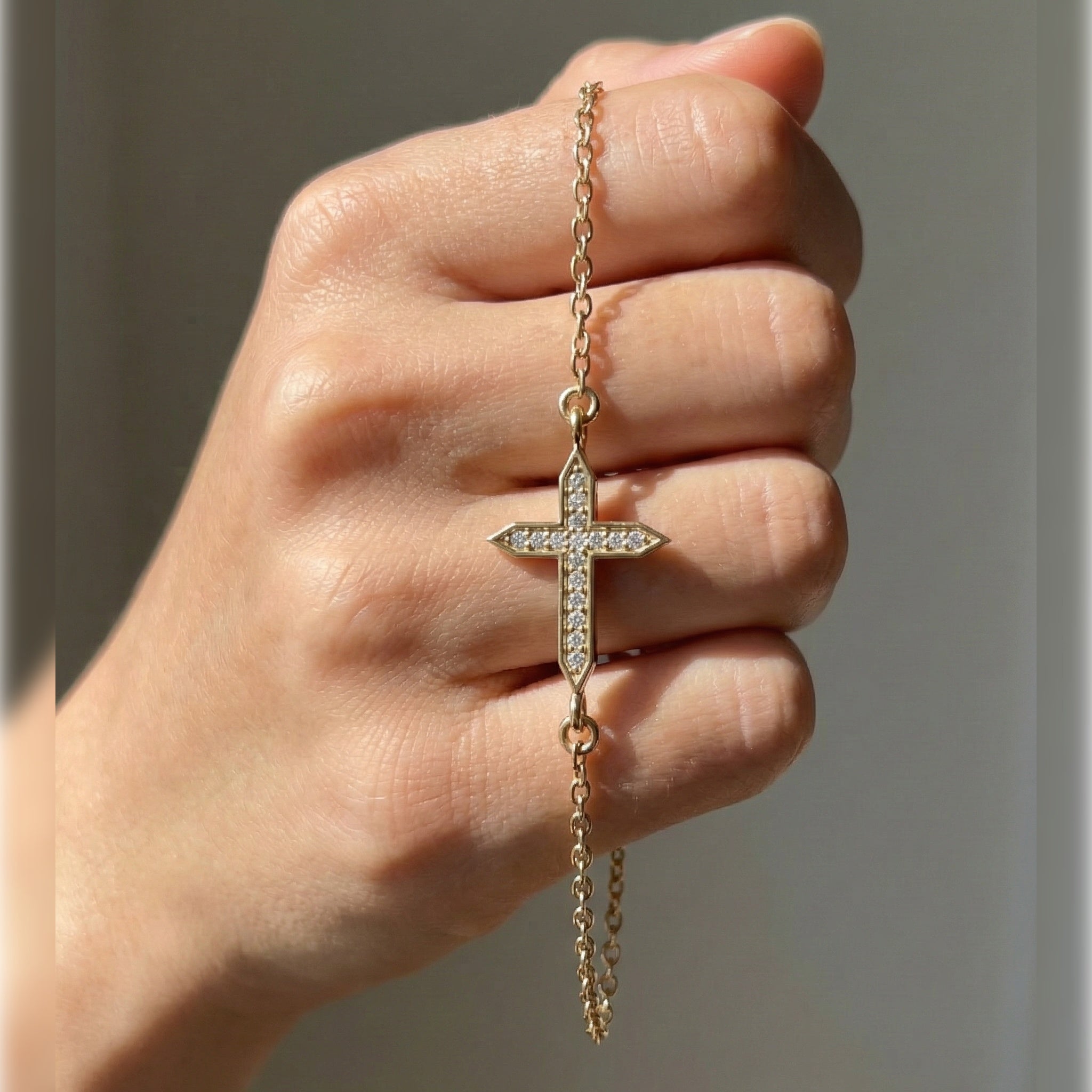 Dainty Arrow Tip Cross Chain Bracelet in 14K Solid Gold, 0.06 TCW Round Cut Lab Created Diamonds, Christian Bracelet, Christmas Gift for Her