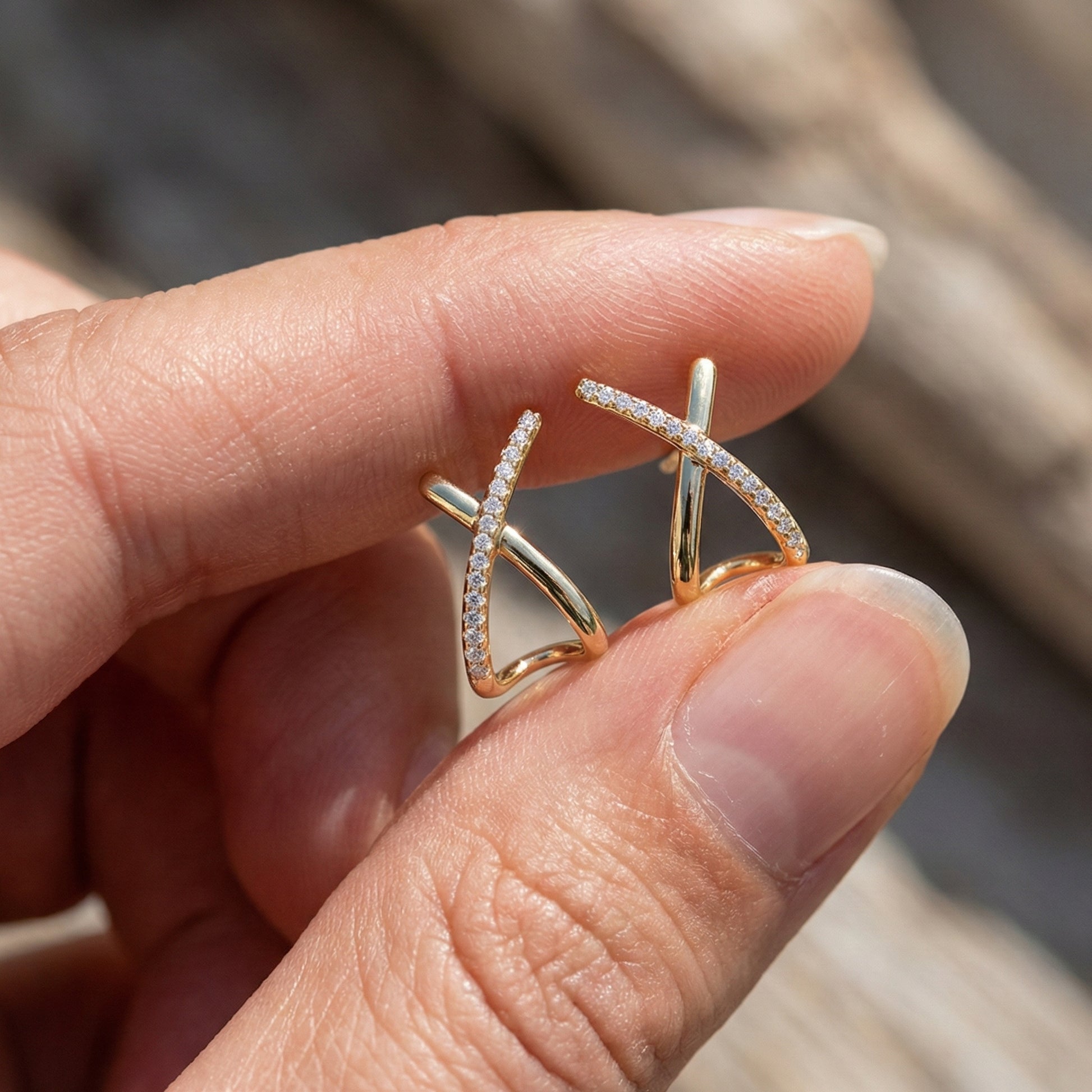 14K Solid Gold Twisted X Diamond Earrings, Modern Criss Cross Wedding Studs, Minimalist Huggie Hoops, Unique Anniversary Gift for Wife