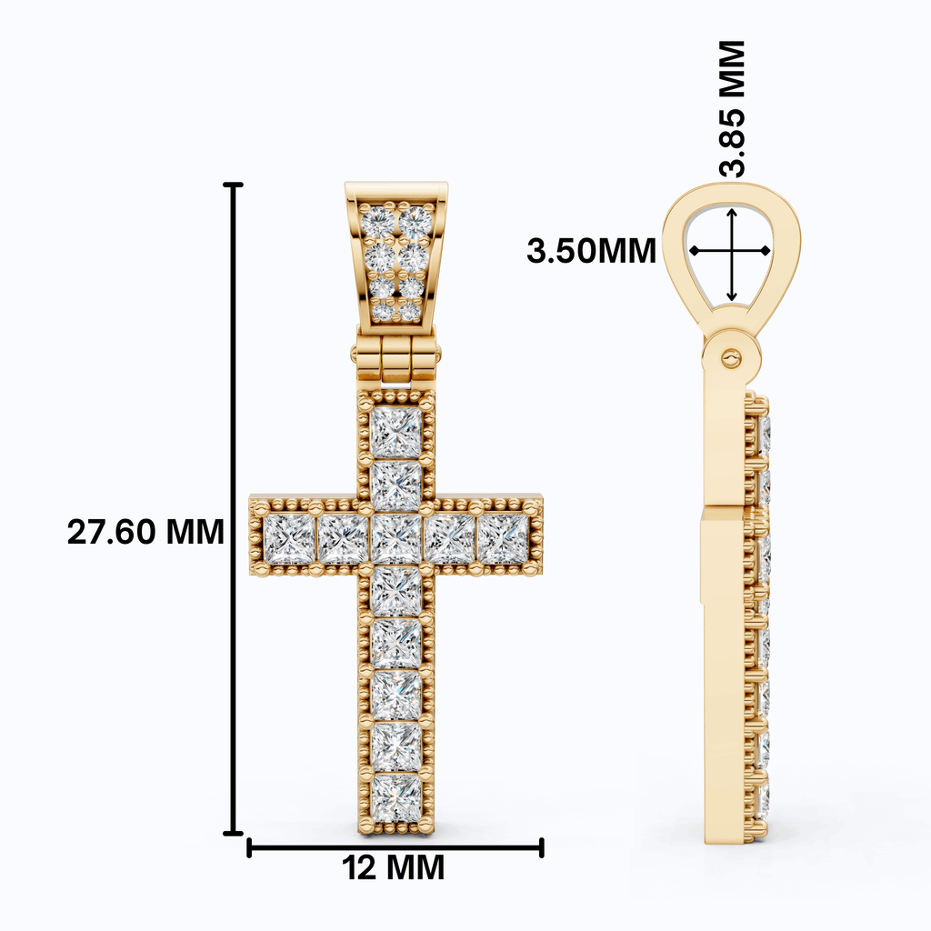 Milgrain Princess Cut Cross Pavé Bail Diamond Charm Pendant in Lab Grown Diamond – 14k Solid Gold, Wedding Gift for Her/Him