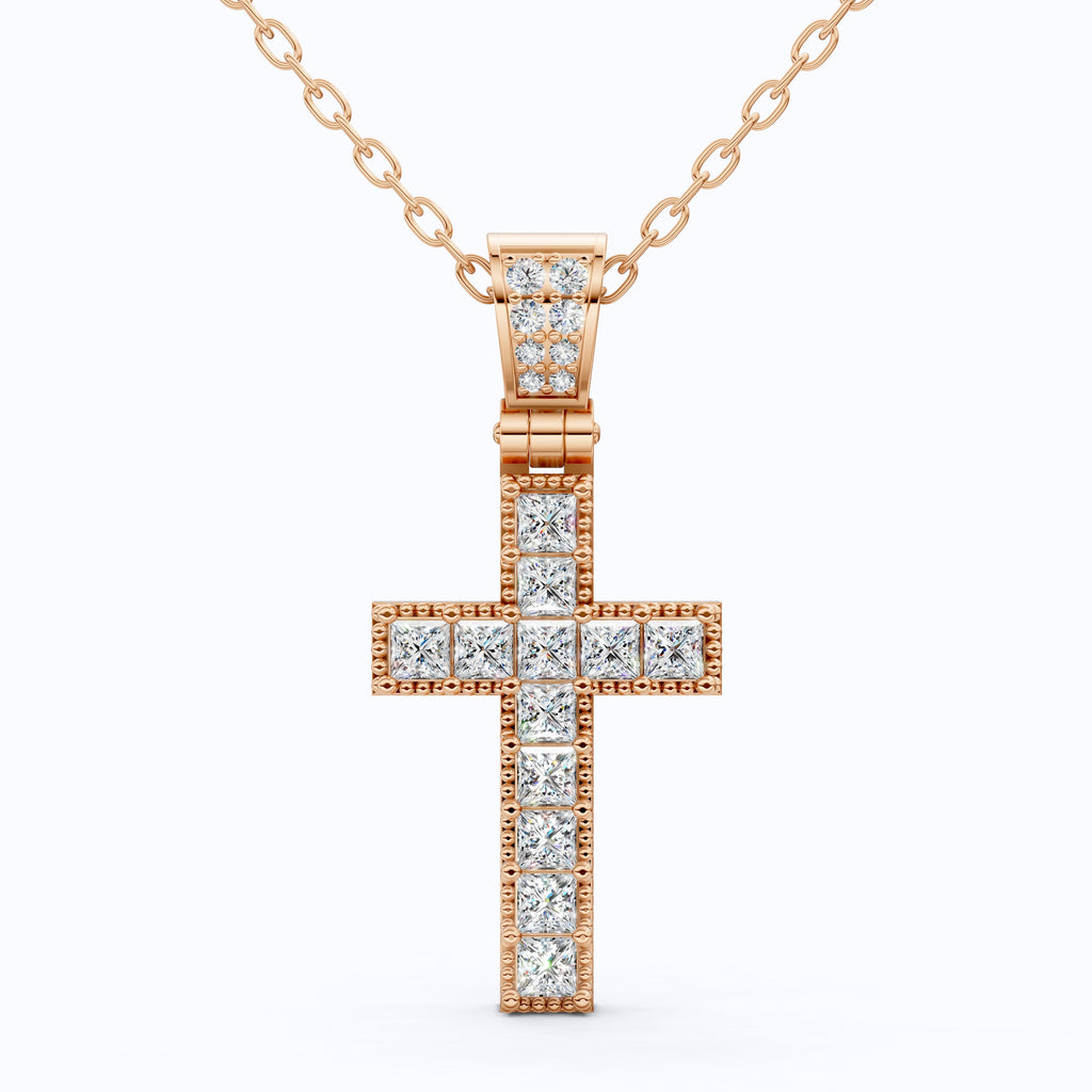 Milgrain Princess Cut Cross Pavé Bail Diamond Charm Pendant in Lab Grown Diamond – 14k Solid Gold, Wedding Gift for Her/Him