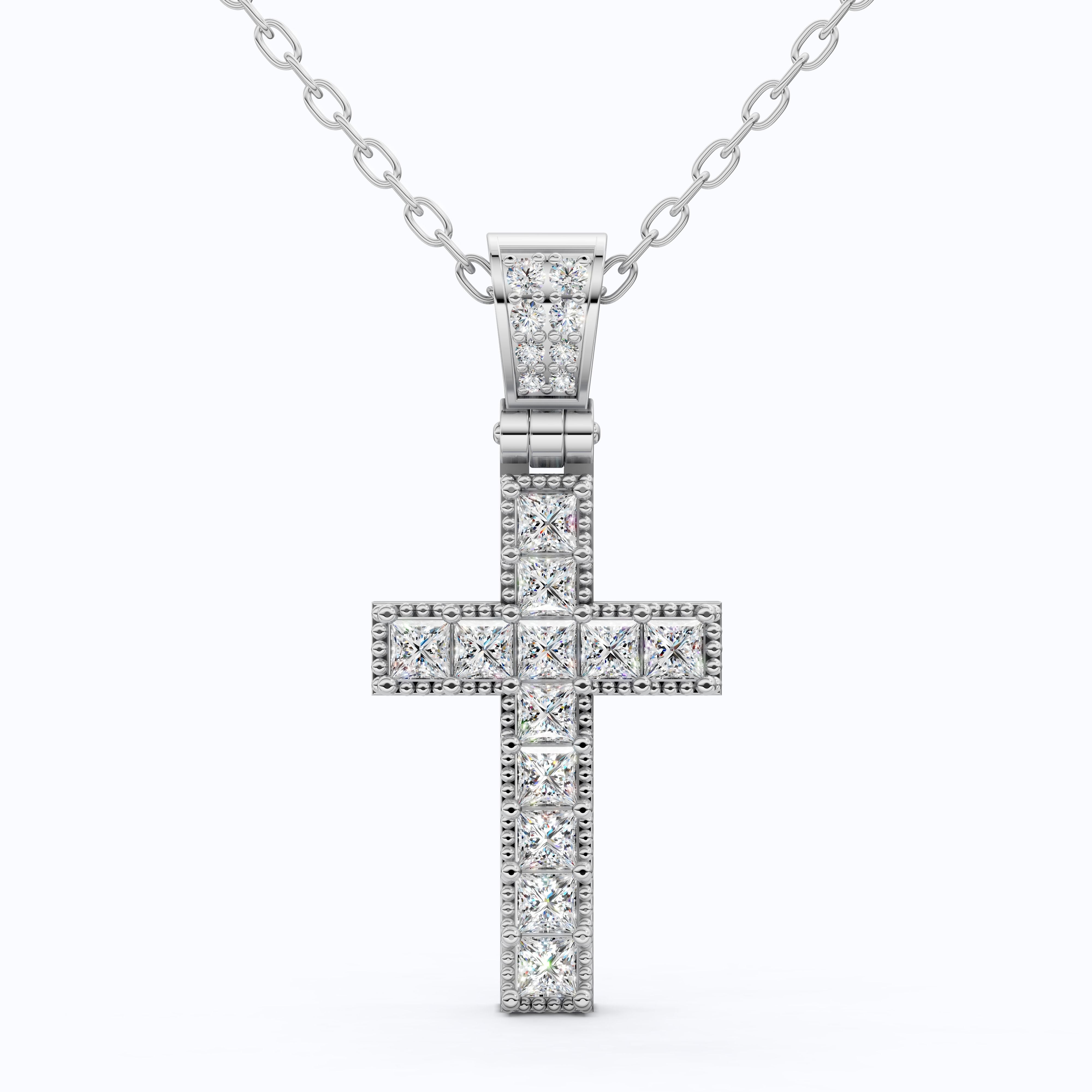 Milgrain Princess Cut Cross Pavé Bail Diamond Charm Pendant in Lab Grown Diamond – 14k Solid Gold, Wedding Gift for Her/Him