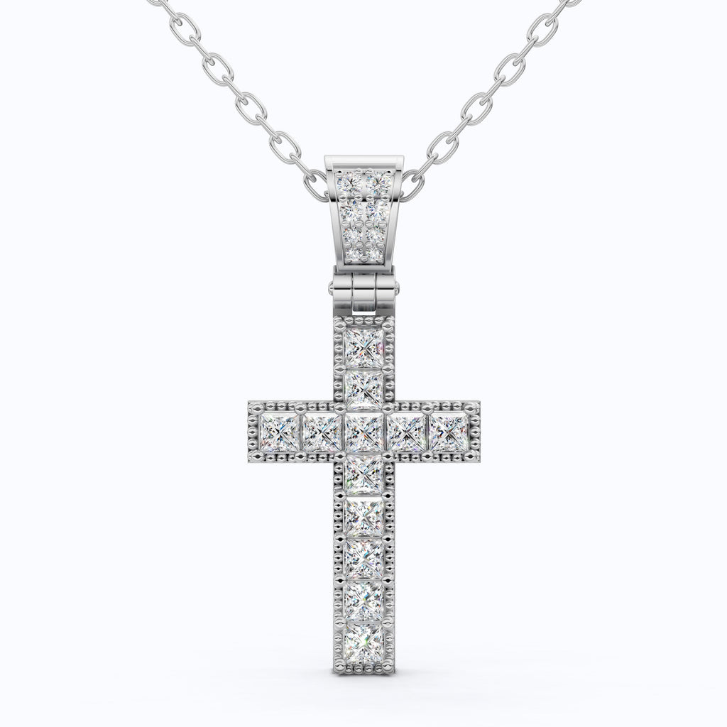 Milgrain Princess Cut Cross Pavé Bail Diamond Charm Pendant in Lab Grown Diamond – 14k Solid Gold, Wedding Gift for Her/Him