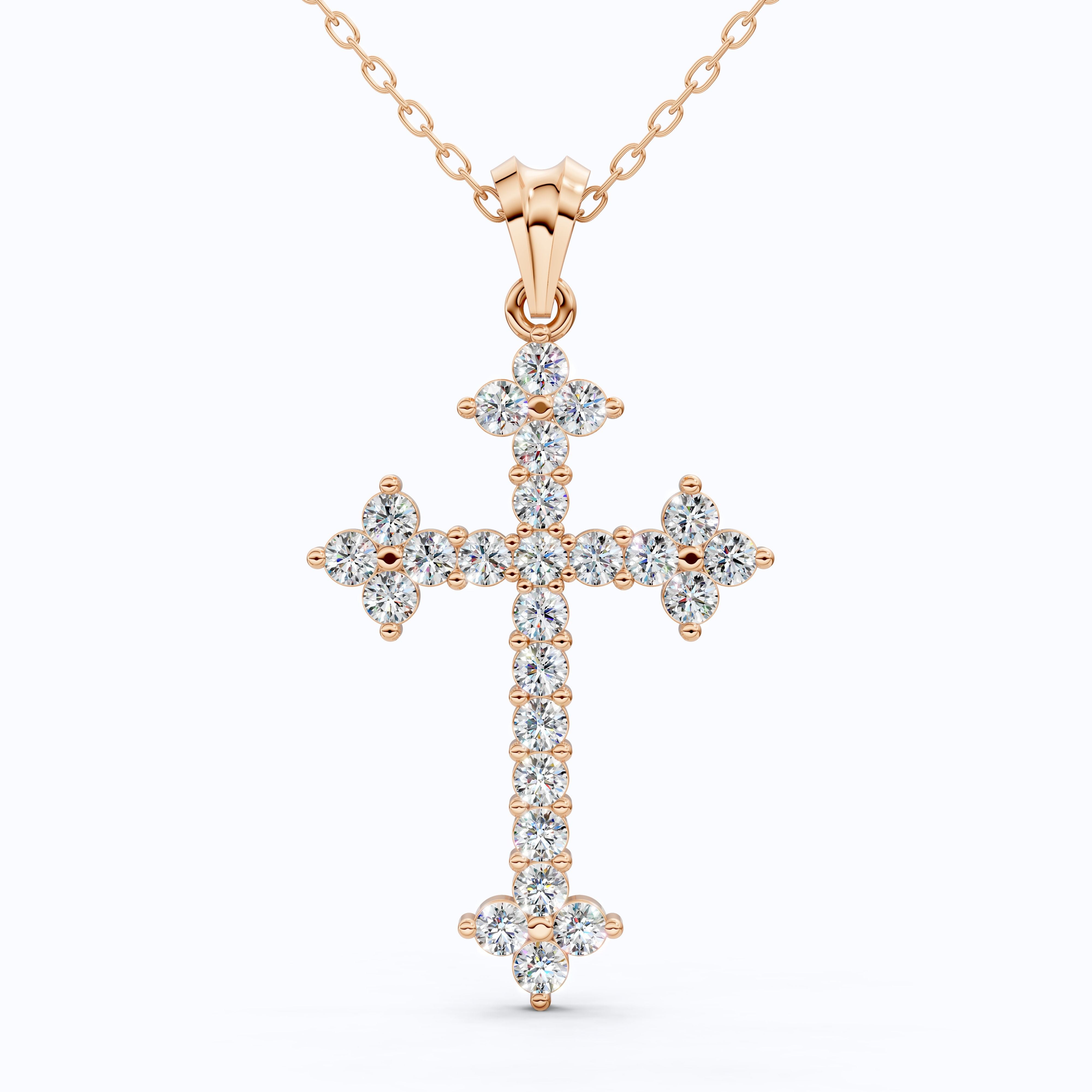 Fleur-de-Lis Tip Pavé Cross Religious Pendant in Lab Diamond 14k Solid Gold, Religious Jewelry, Wedding Gift for Her/Him