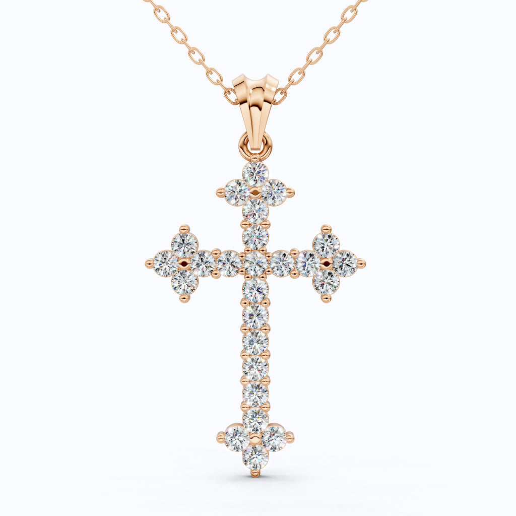 Fleur-de-Lis Tip Pavé Cross Religious Pendant in Lab Diamond 14k Solid Gold, Religious Jewelry, Wedding Gift for Her/Him