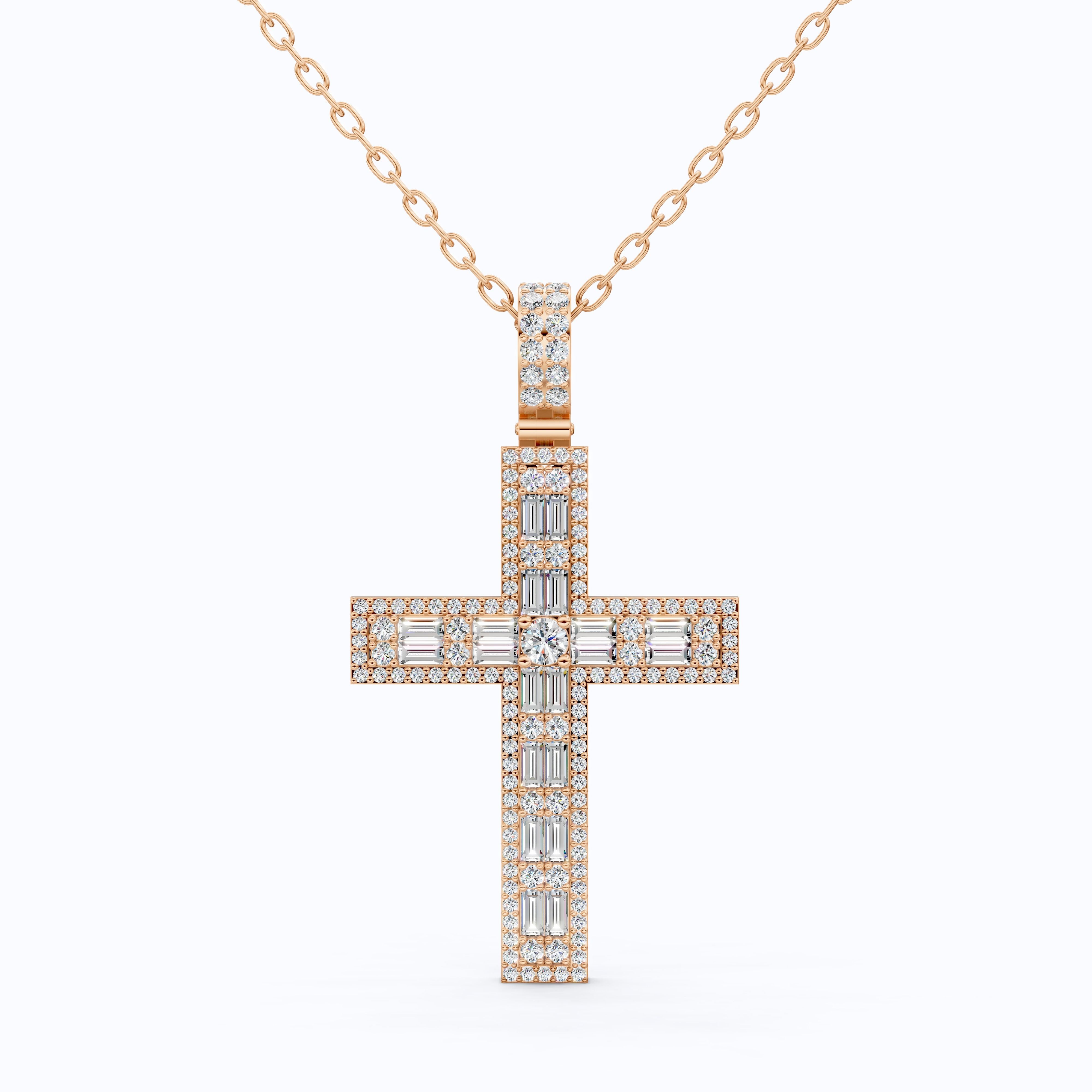 Sculpted Baguette Halo Cross Pendant in 14K Solid Gold, 2.17 TCW Baguette/Round Cut Lab Diamond, Faith Jewelry, Religious Gift For Her, Jesus Cross Pendant