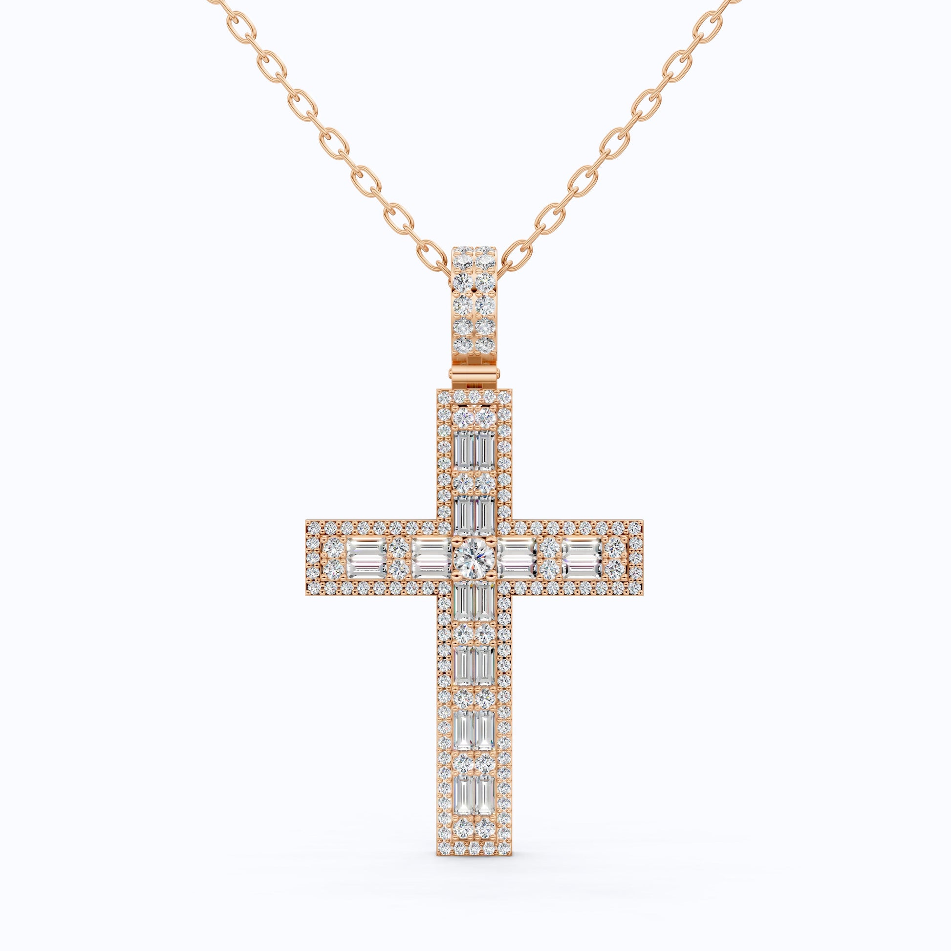 Sculpted Baguette Halo Cross Pendant in 14K Solid Gold, 2.17 TCW Baguette/Round Cut Lab Diamond, Faith Jewelry, Religious Gift For Her, Jesus Cross Pendant