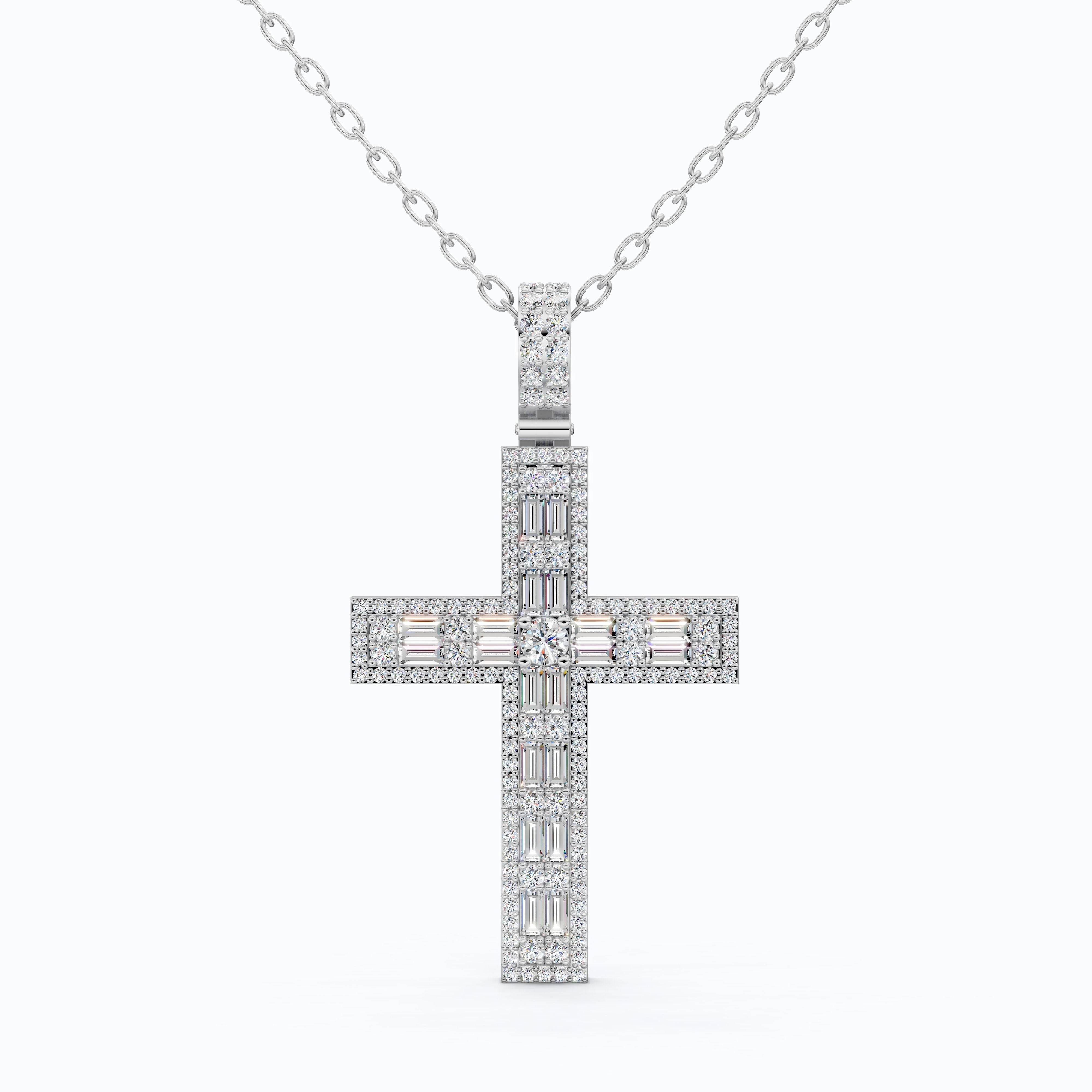 Sculpted Baguette Halo Cross Pendant in 14K Solid Gold, 2.17 TCW Baguette/Round Cut Lab Diamond, Faith Jewelry, Religious Gift For Her, Jesus Cross Pendant
