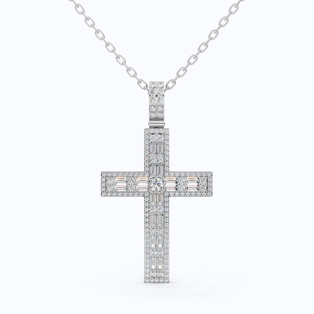 Sculpted Baguette Halo Cross Pendant in 14K Solid Gold, 2.17 TCW Baguette/Round Cut Lab Diamond, Faith Jewelry, Religious Gift For Her, Jesus Cross Pendant