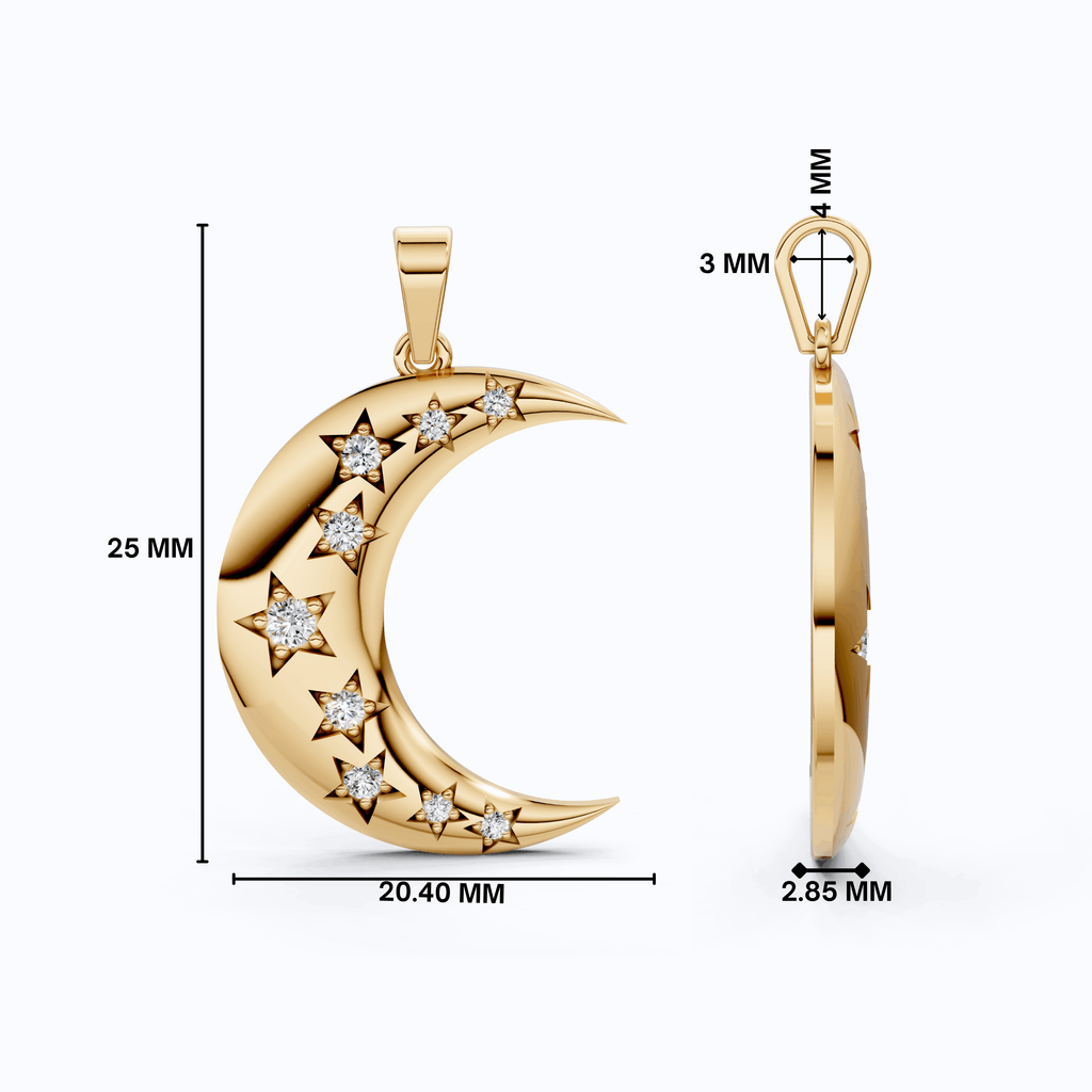 Celestial Crescent Moon Charm with Star Accents Wedding Pendant in Lab Grown Diamond-14k Solid Gold, Bridal Jewelry for Her