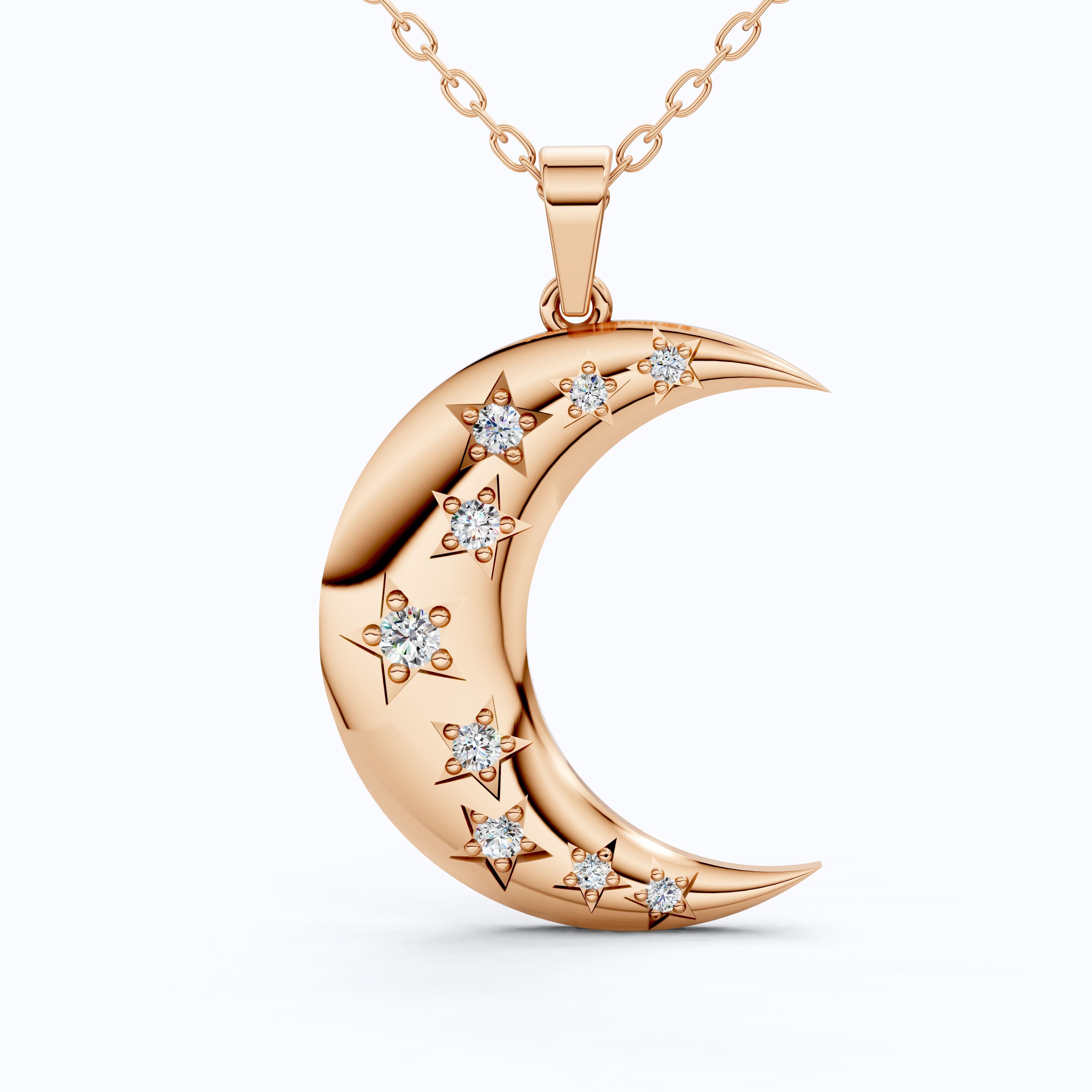 Celestial Crescent Moon Charm with Star Accents Wedding Pendant in Lab Grown Diamond-14k Solid Gold, Bridal Jewelry for Her