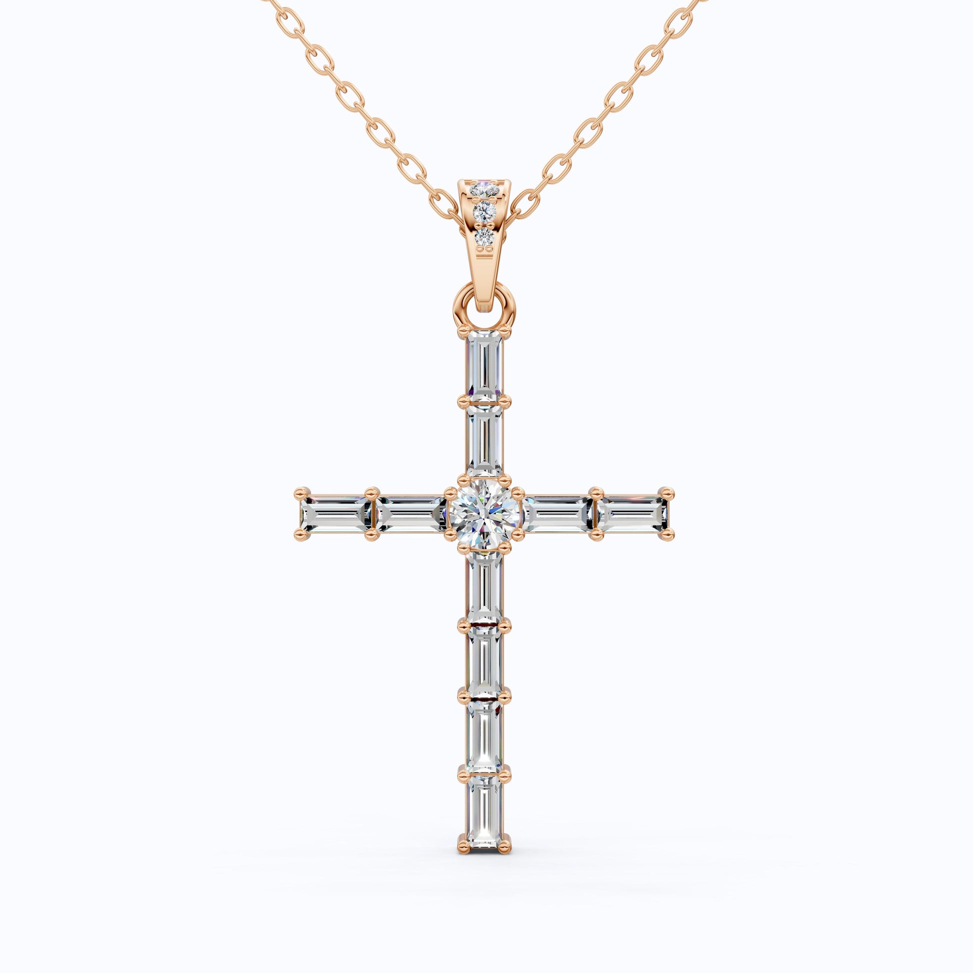 Modern Religious Cross Pendant in 14k Solid Gold, 1.65 TCW Baguette/Round Cut Lab Grown Diamond, Bridal Jewelry, Wedding Gift for Her