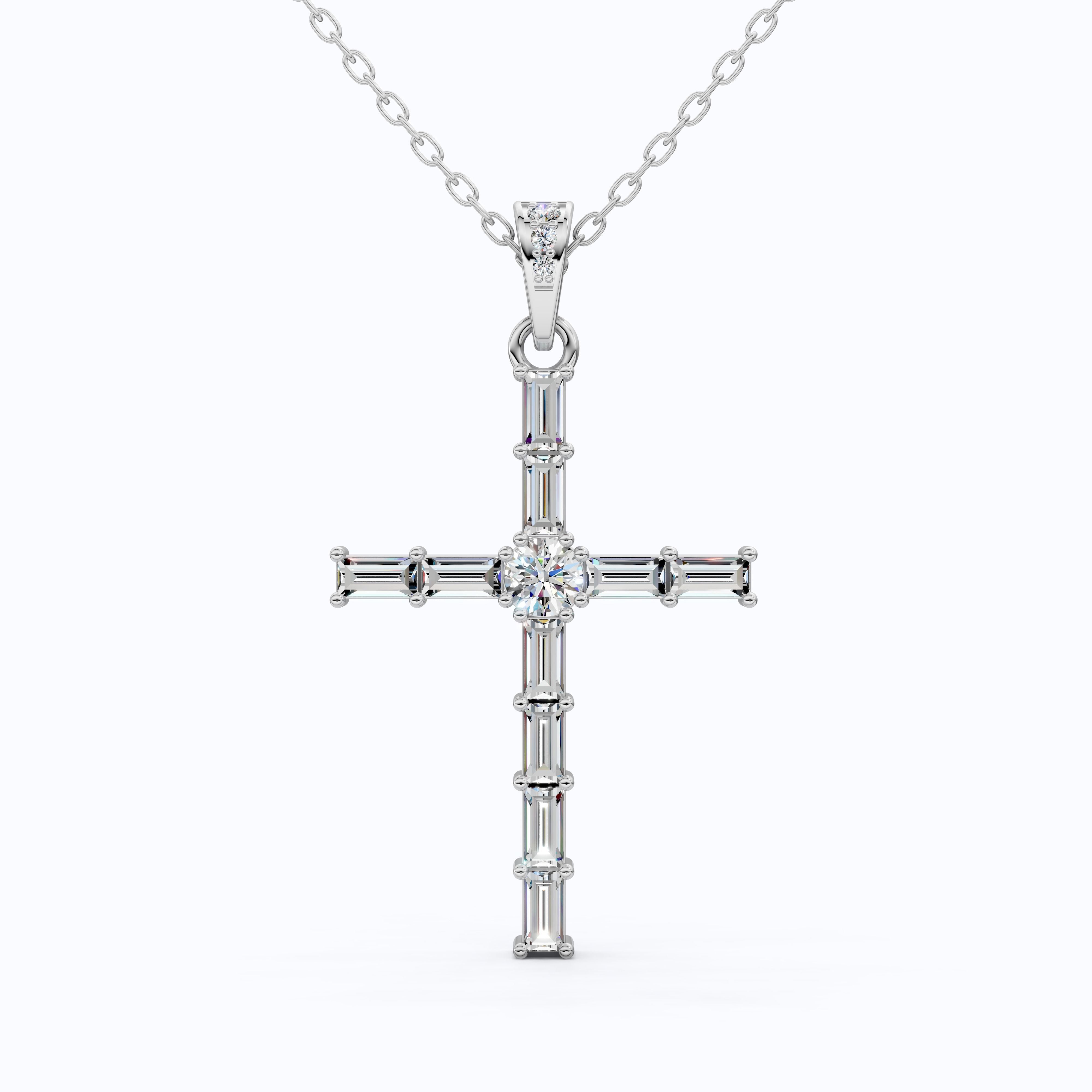 Modern Religious Cross Pendant in 14k Solid Gold, 1.65 TCW Baguette/Round Cut Lab Grown Diamond, Bridal Jewelry, Wedding Gift for Her