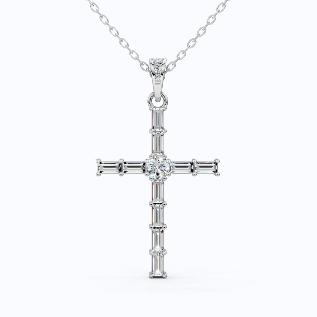 Modern Religious Cross Pendant in 14k Solid Gold, 1.65 TCW Baguette/Round Cut Lab Grown Diamond, Bridal Jewelry, Wedding Gift for Her