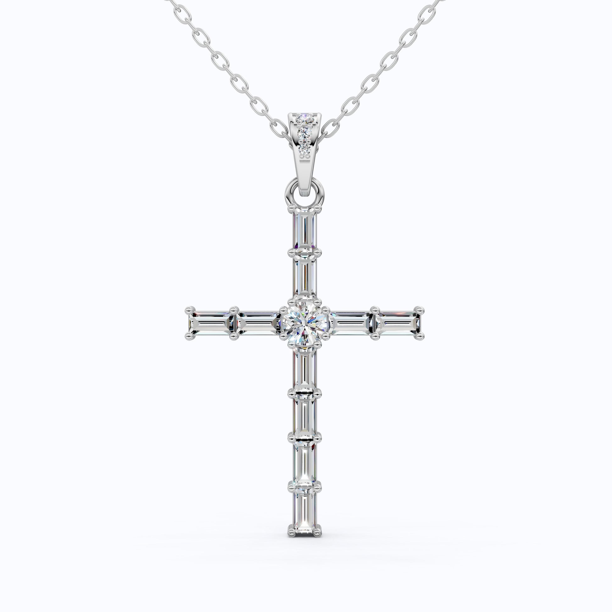 Modern Religious Cross Pendant in 14k Solid Gold, 1.65 TCW Baguette/Round Cut Lab Grown Diamond, Bridal Jewelry, Wedding Gift for Her