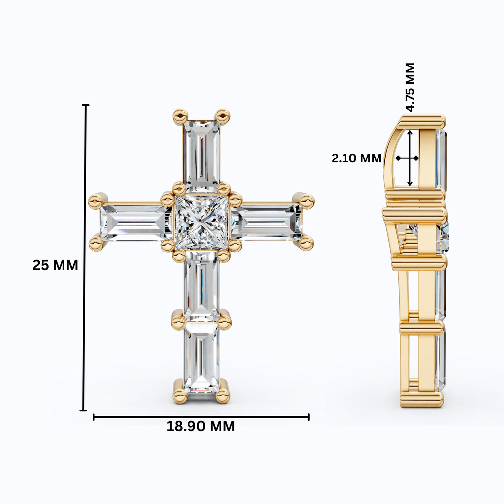 Elegant Baguette & Princess Cut Cross Modern Pendant in Lab Diamond 14k Solid Gold, Wedding Gift for Women, Jesus Cross Jewelry