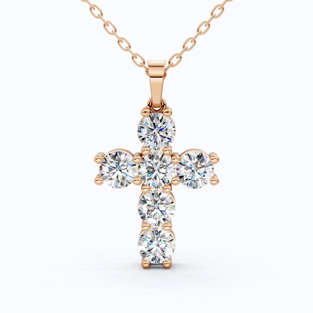 Prong-Set Round Cluster Cross Pendant in 14k Solid Gold, 2.76 TCW Round Cut Lab Created Diamonds, Jesus Pendant For Her, Daily Wear Pendant
