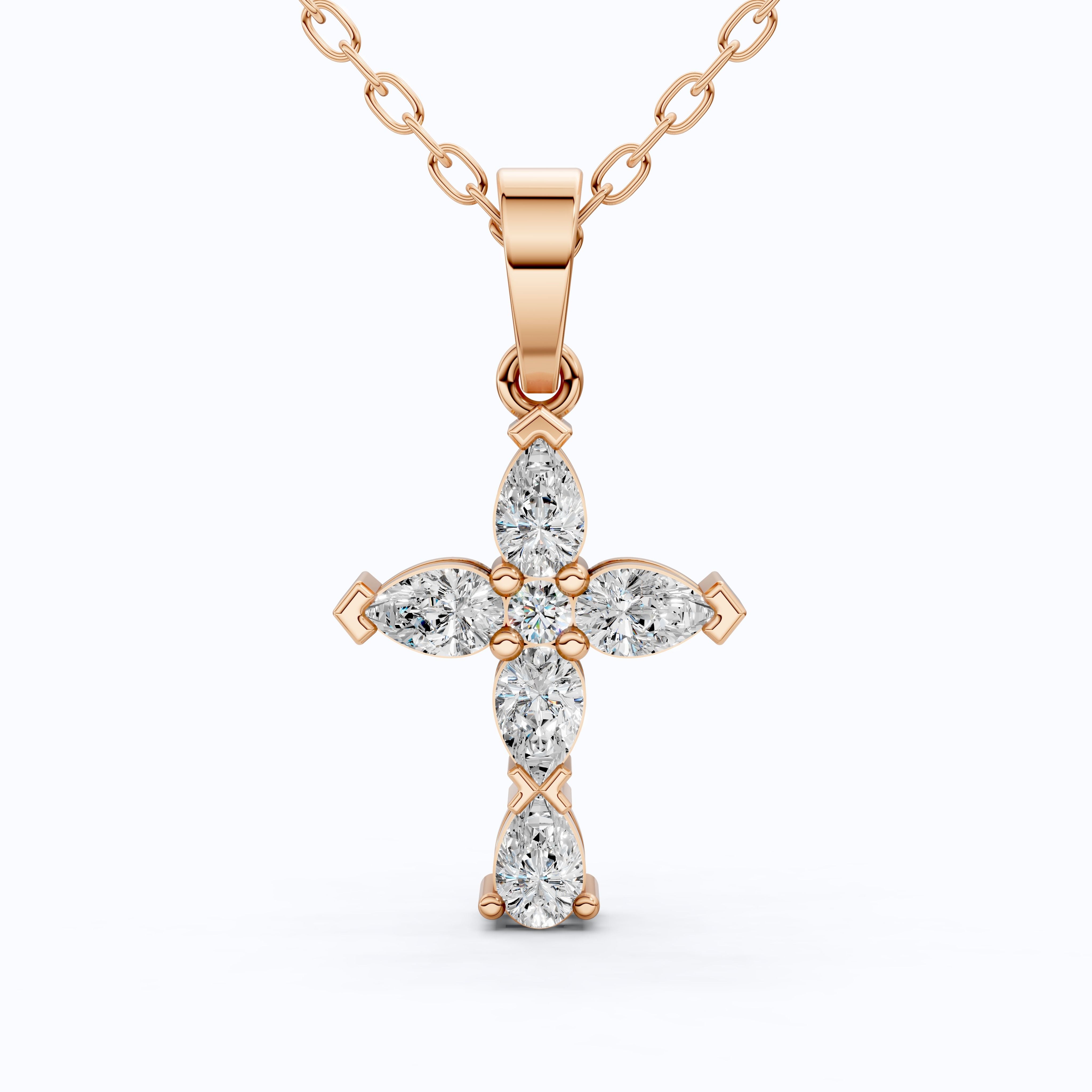 Stylish Pear Cluster Cross Religious Pendant in 14k Solid Gold, 0.93 TCW Pear/Round Cut Lab Grown Diamonds, Bridal Jewelry, Jesus christ Gift For Her