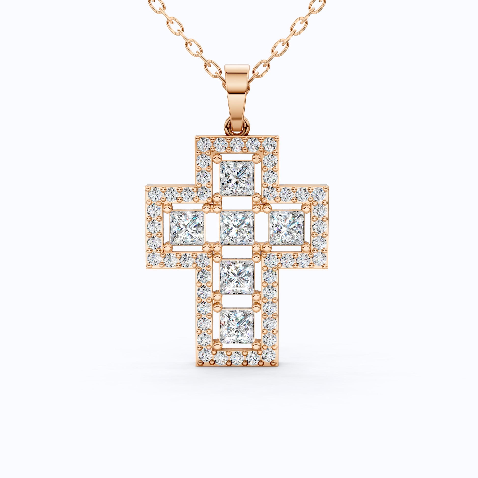 Elegant Halo Open Cross Pendant in 14k Solid Gold 2.14 TCW Round/Princess Cut Lab Diamonds, Unique Gift for Her, Religious Jewelry