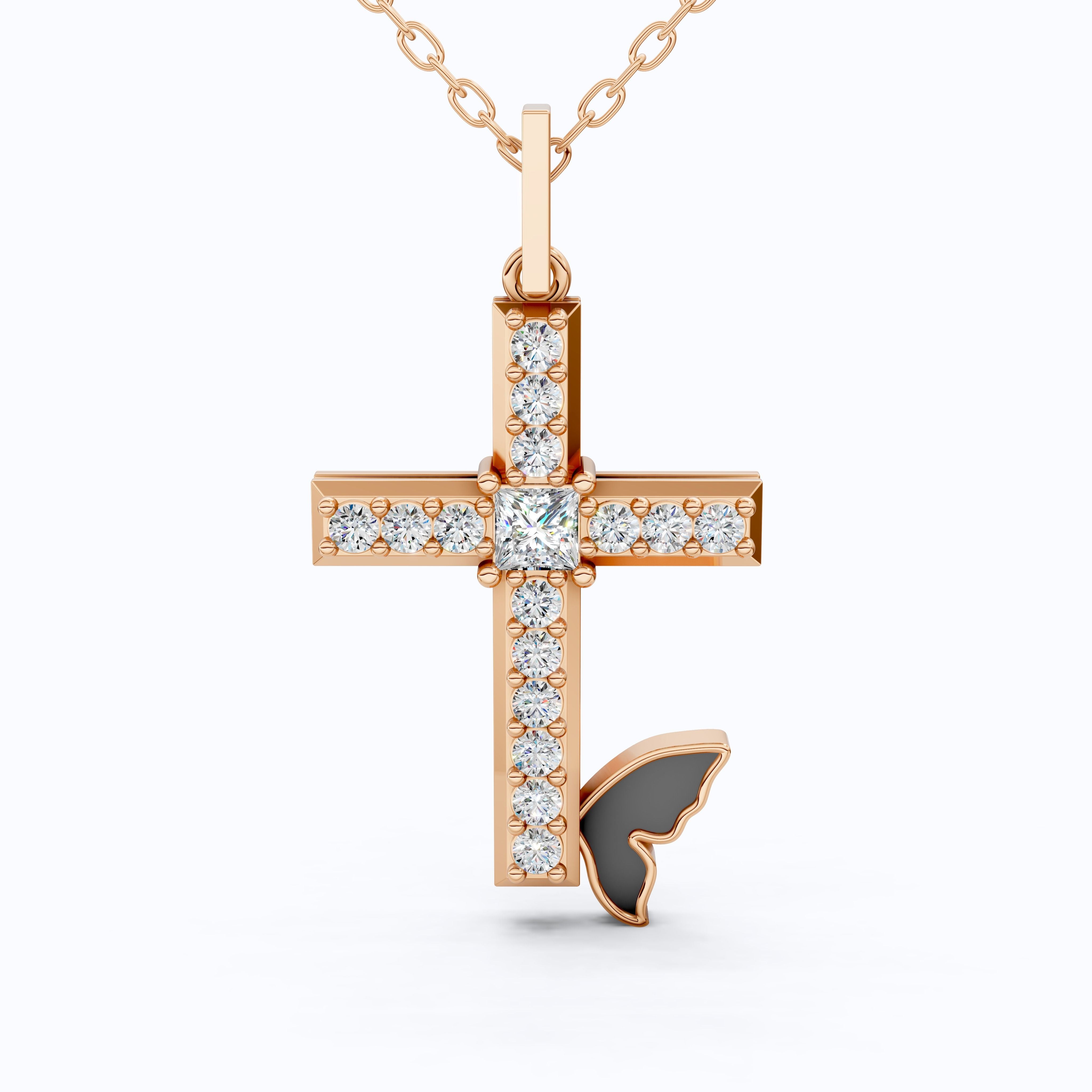 Butterfly Accent Jesus Cross Diamond Pendant in 14K Solid Gold, 0.56 TCW Princess/Round Cut Lab Diamonds, Gift for Her, Religious Jewelry