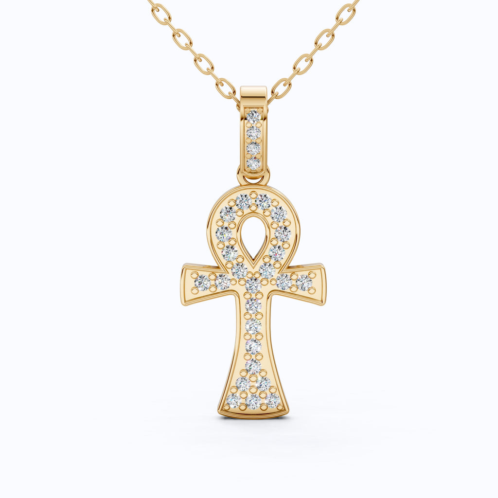 Dainty Pavé Ankh Cross with Diamond Bail Wedding Pendant in Lab Diamond – 14k Yellow Gold, Anniversary Gift for Women, Unique Pendant