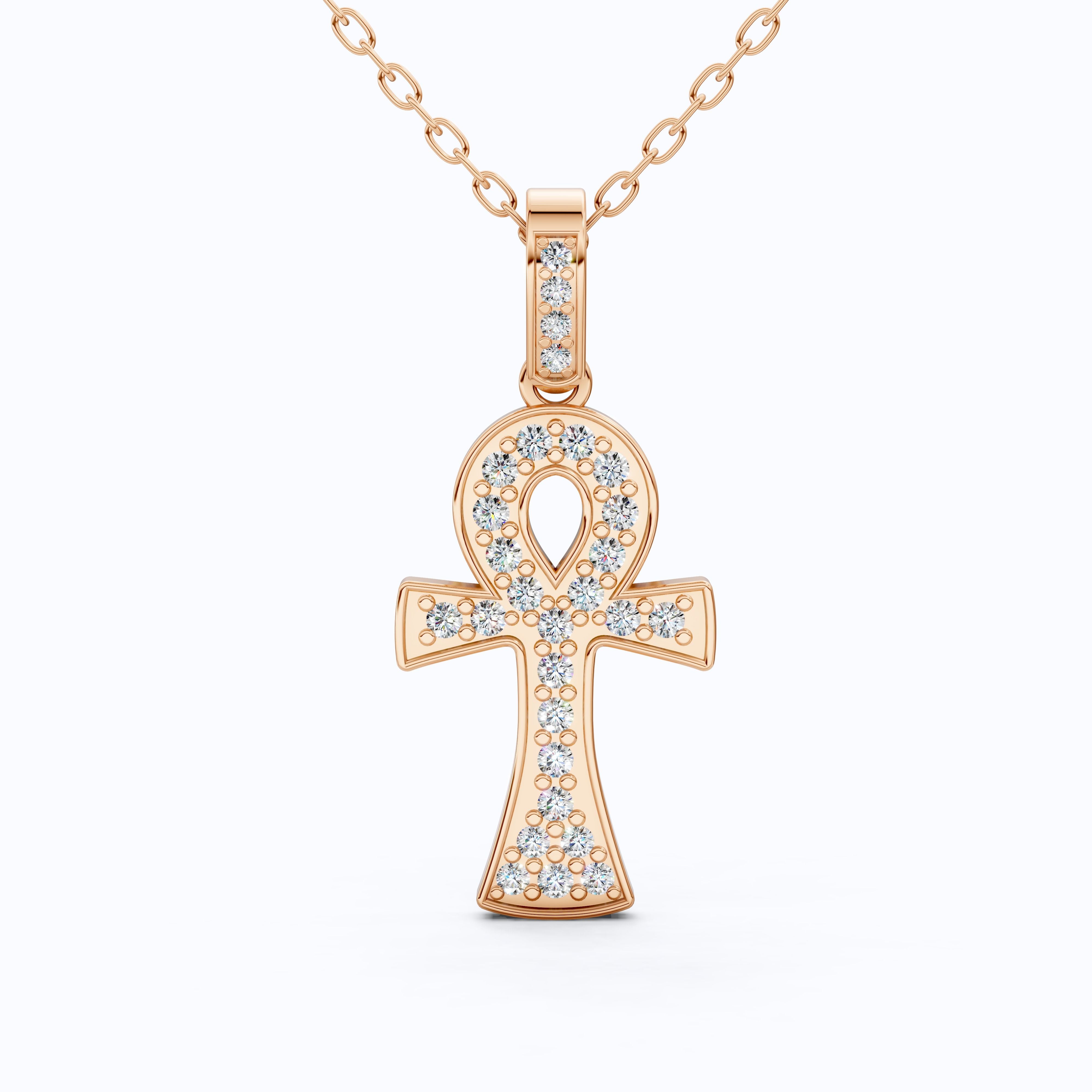 Dainty Pavé Ankh Cross with Diamond Bail Wedding Pendant in Lab Diamond – 14k Yellow Gold, Anniversary Gift for Women, Unique Pendant