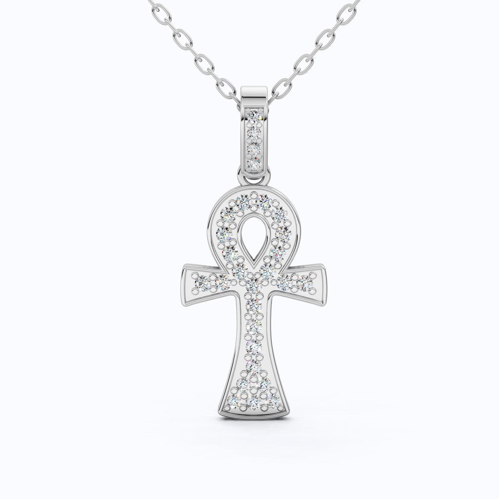 Dainty Pavé Ankh Cross with Diamond Bail Wedding Pendant in Lab Diamond – 14k Yellow Gold, Anniversary Gift for Women, Unique Pendant