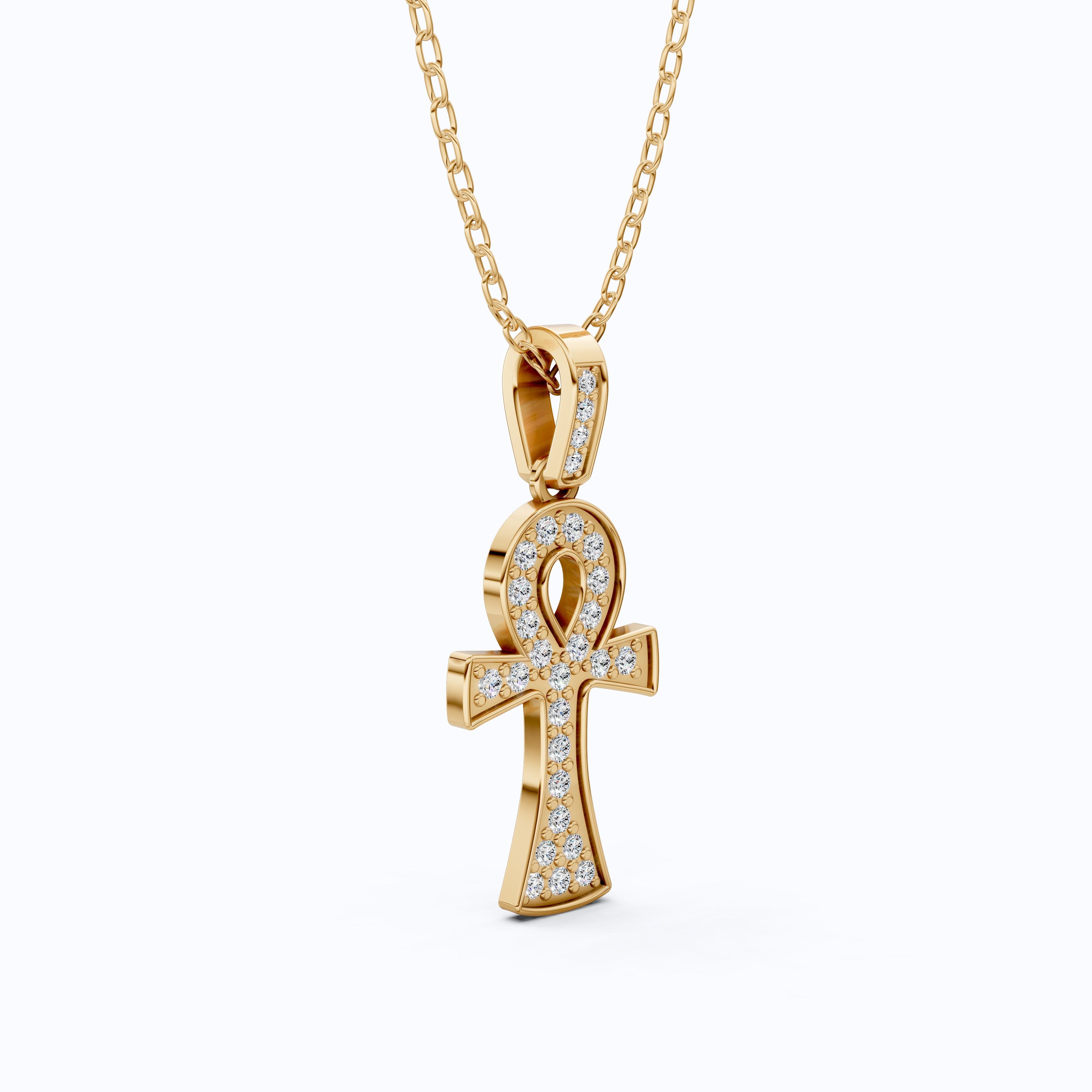 Dainty Pavé Ankh Cross with Diamond Bail Wedding Pendant in Lab Diamond – 14k Yellow Gold, Anniversary Gift for Women, Unique Pendant