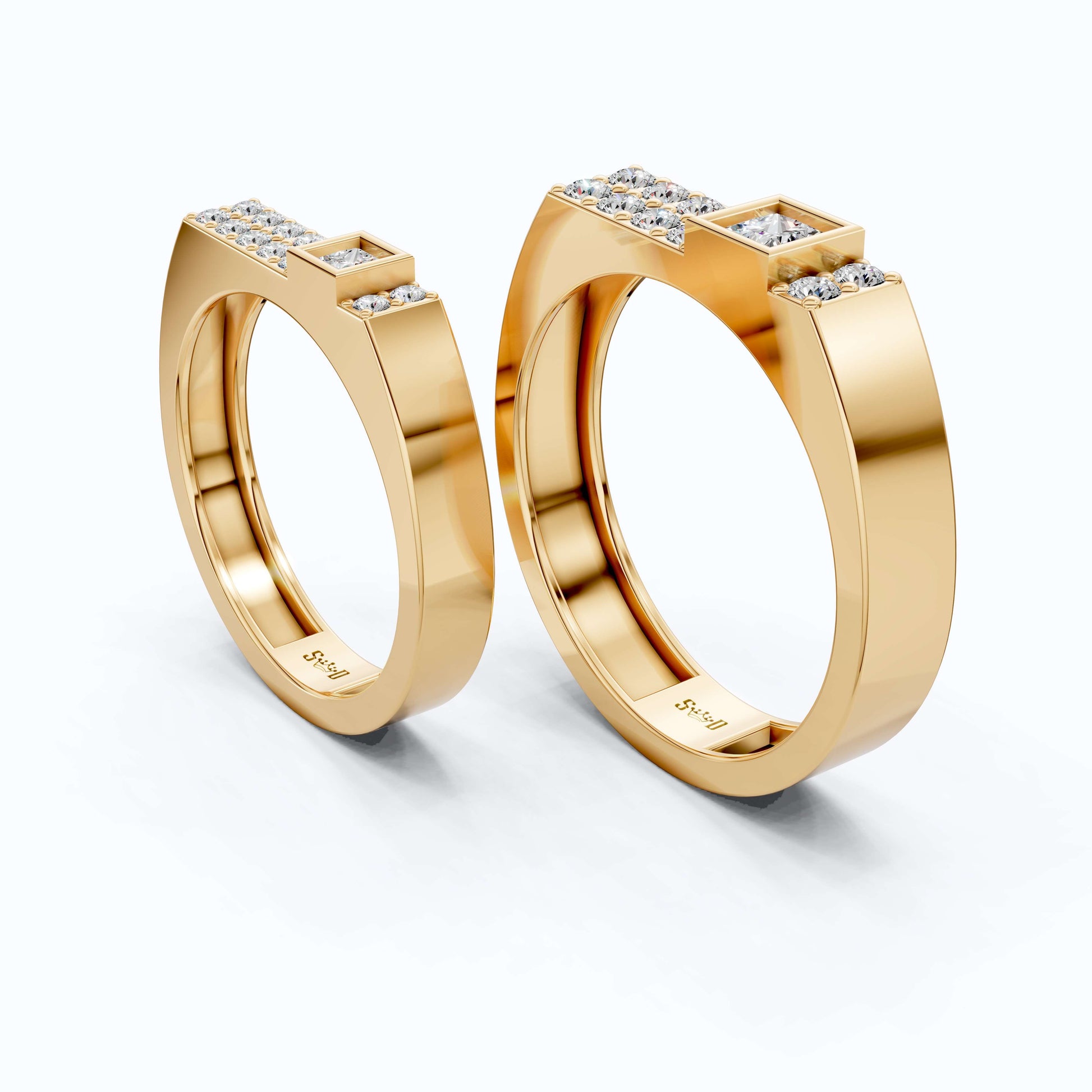 Modern Minimalist Geometric Couple Rings in 14k Rose Gold, 0.96 TCW Princess/Round Cut Lab Diamonds, Promise Rings, Wedding Gift for Couples