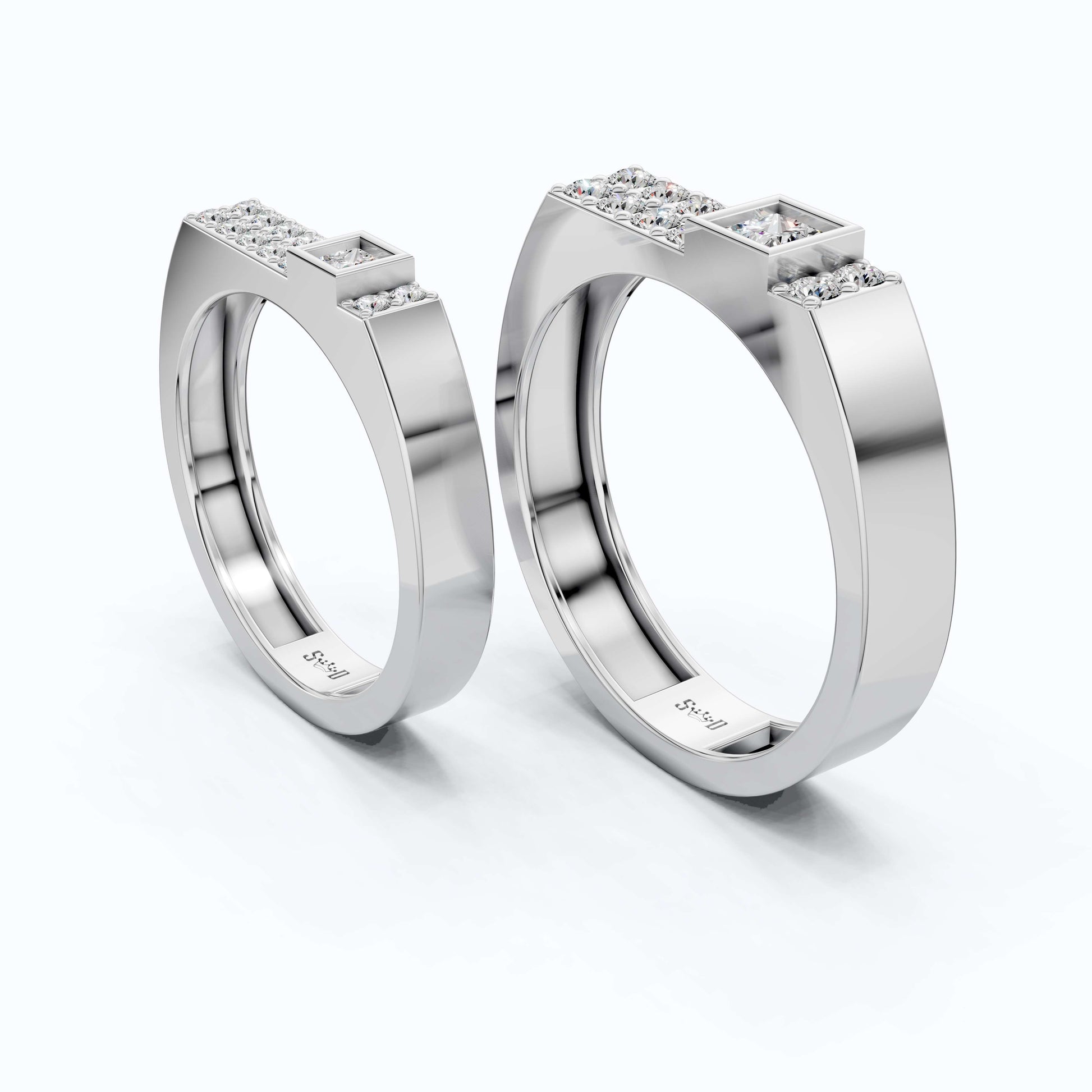 Modern Minimalist Geometric Couple Rings in 14k Rose Gold, 0.96 TCW Princess/Round Cut Lab Diamonds, Promise Rings, Wedding Gift for Couples
