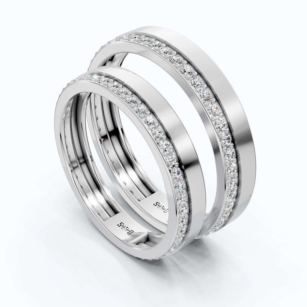 Elegant Flat Edge Eternity Couple Wedding Rings 14k Solid Gold, 0.95 TCW Round Cut Lab Created Diamonds, Everyday Rings, Gift For Couple