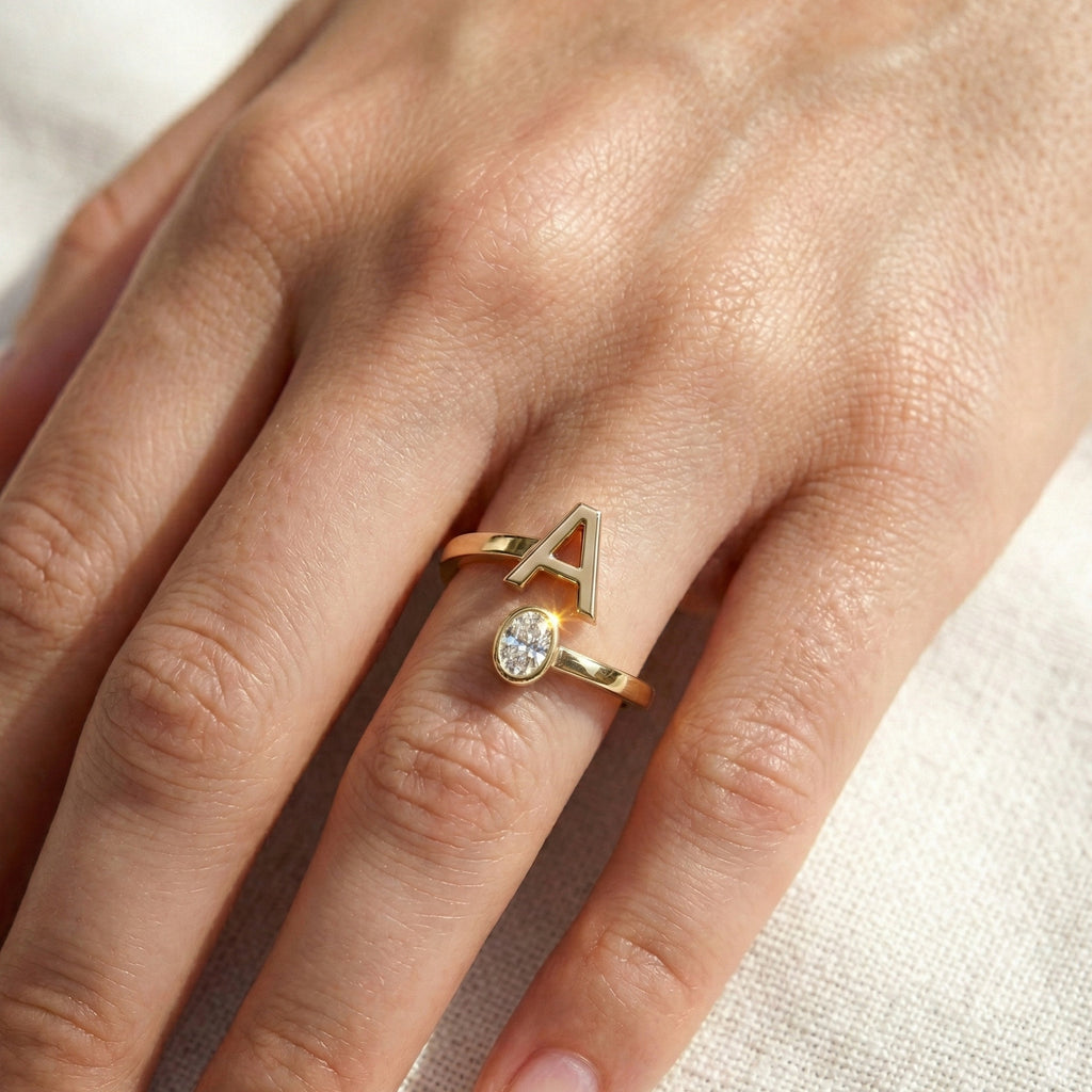 Trending Oval Cut Diamond and Initial Open Ring in 14K Solid Gold, Personalized Dainty Gold Cuff Ring, Custom Letter Bypass Jewelry, Gift for Her