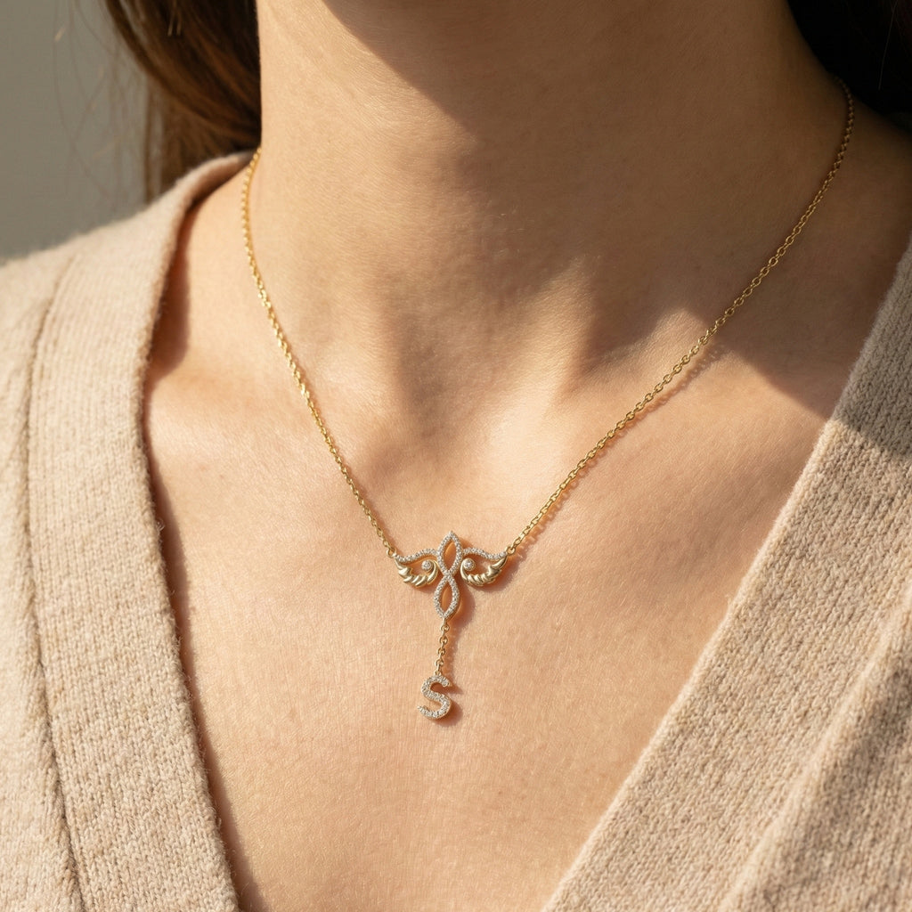 Personalized Infinity Angel Wing Initial Drop Pendant Necklace in Lab Diamond – 14K Solid Gold, Wedding Gift for Her, Modern Bridal Jewelry, Daily Wear